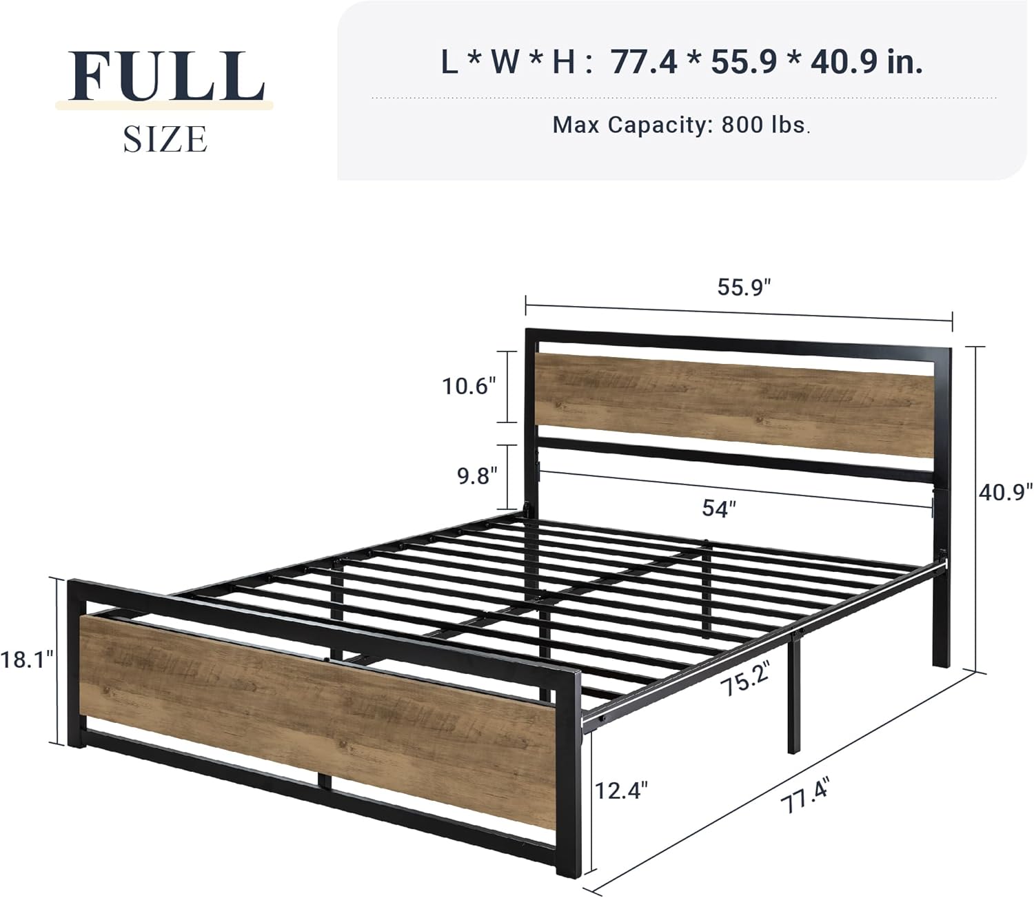 Allewie Full Bed Frame with Headboard, Heavy Duty Metal Platform Base with Strong Support, Underneath Storage Space, Stable Mattress Foundation, No Box Spring Needed, Brown