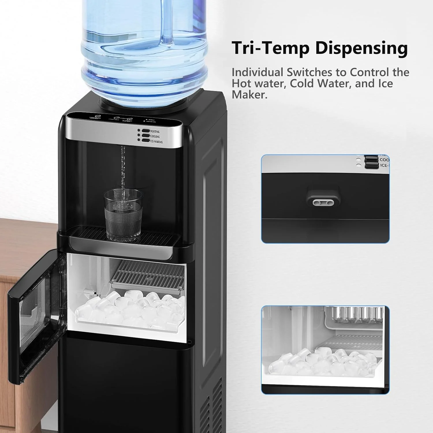 Top Loading Water Dispenser with Ice Maker, Hot & Cold, 5 Gallon, Child Lock, Black
