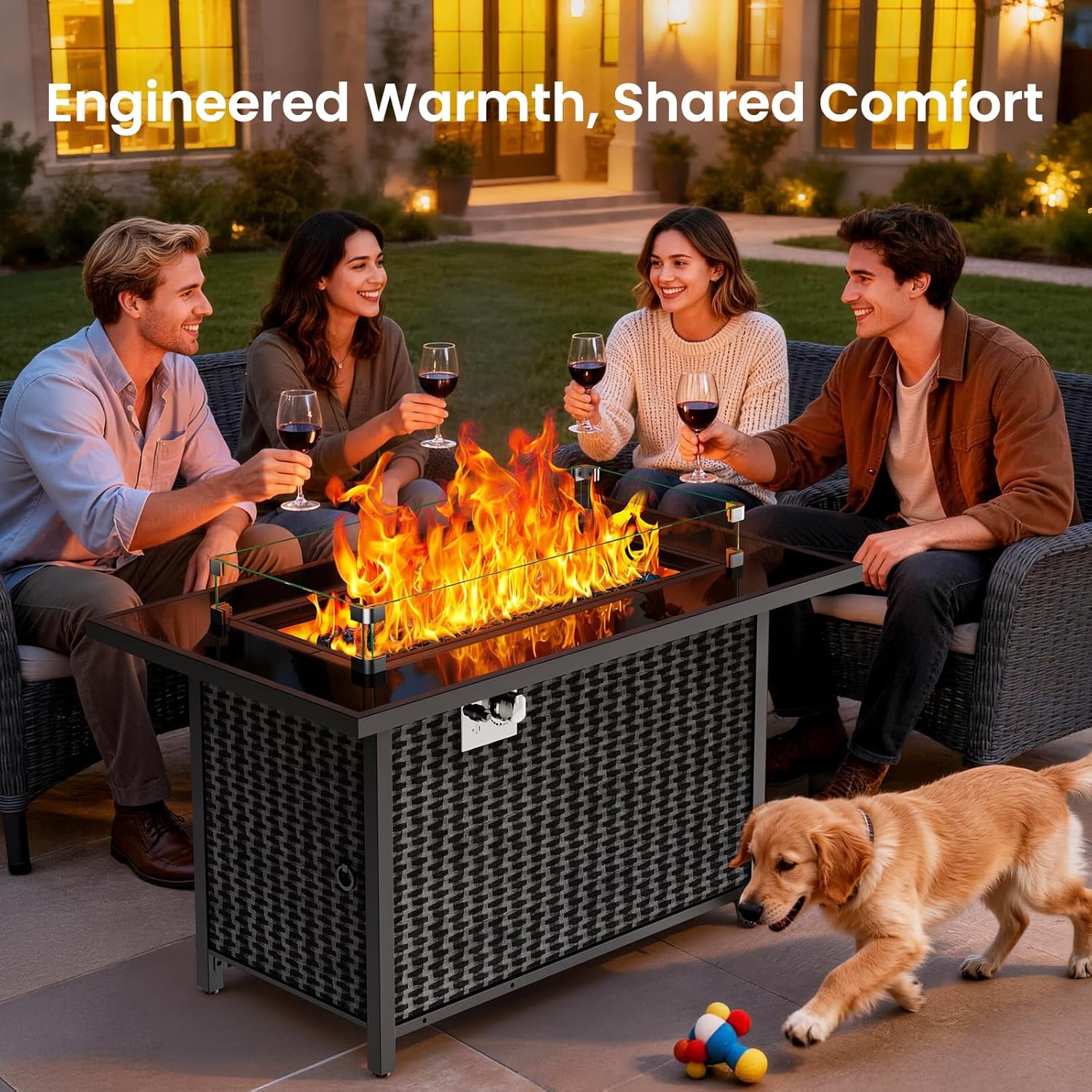 Ciays 43″ Propane Fire Pit with Glass Wind Guard, CSA-Listed 60,000 BTU Outdoor Gas Fire Pit Table, Tempered Glass Top, Glass Rocks,Lid, Adjustable Legs, Fire Table for Patio, Garden & Party, Black
