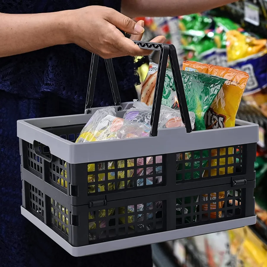 2 Packs Plastic Folding Storage Crate with Handle, Collapsible Shopping Basket, 16 L, R
