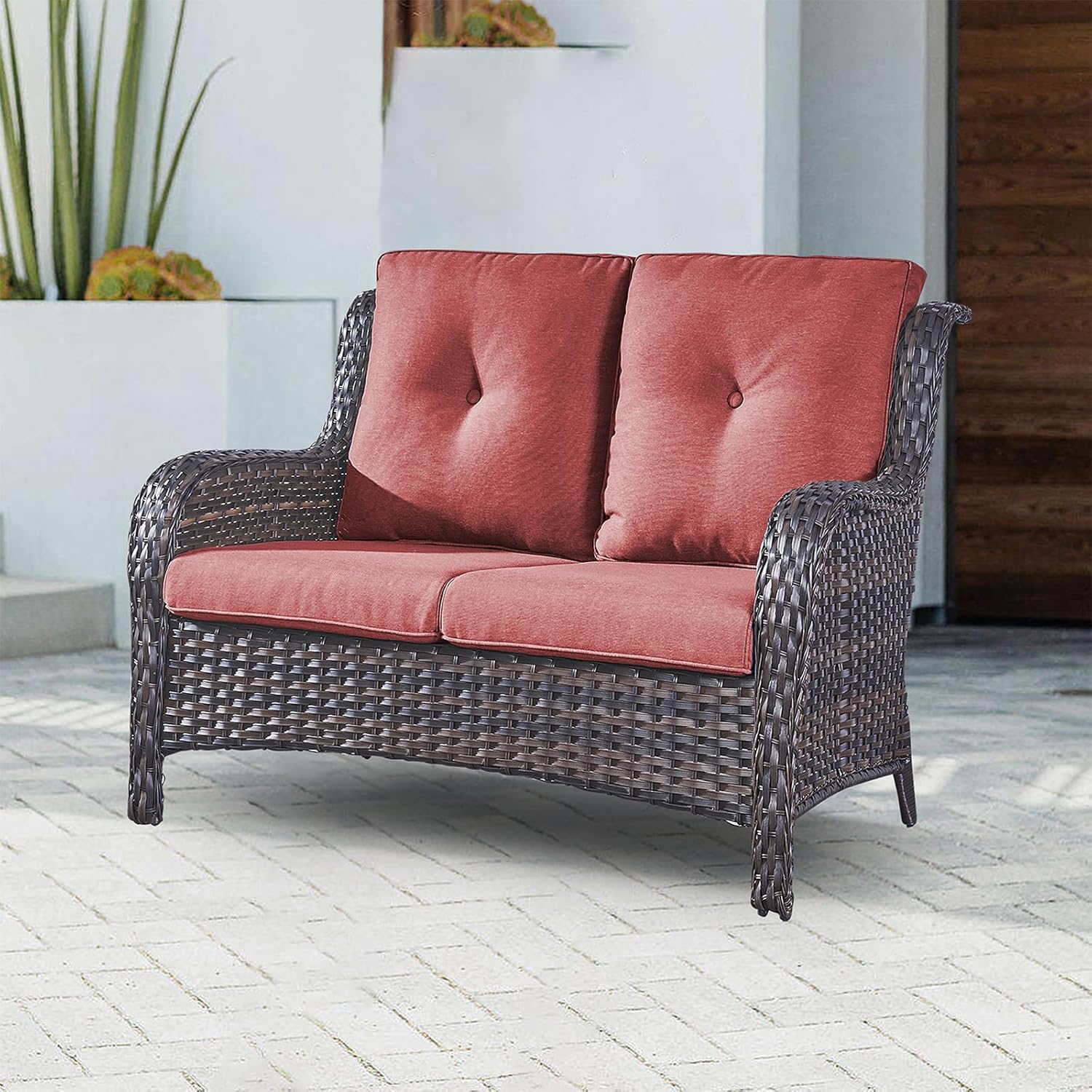 Rilyson Luxury Patio Glider Outdoor Wicker Loveseat, 500 Lbs Weight Capacity Rattan Outdoor 2 seat Sofa Wicker with Deep Seating and Replaceable Cushions for Outside Porch Deck Balcony (Brown/Red)