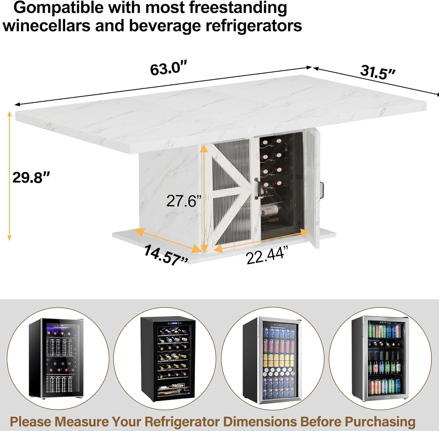 LVB Modern Dining Table for 4 to 6, White Rectangle Kitchen Table with Storage, Wooden Pedestal Dining Room Table with Fridge Space, Large Dinner Tables for Home,Living Room,White Faux Marble, 63 Inch