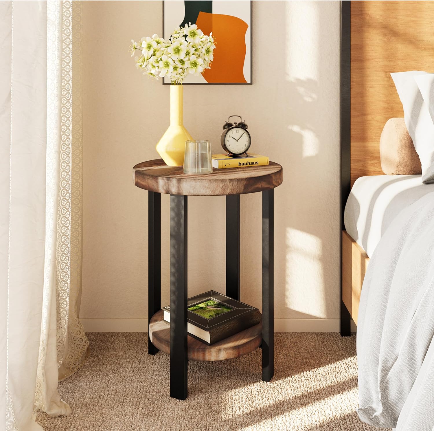 Alaterre Furniture Pomona Living Room Set of 2 Solid Wood Small Round End Tables with Shelf and Metal Legs – 2-Tier Modern Rustic Side Table or Nightstand (Rustic Brown)