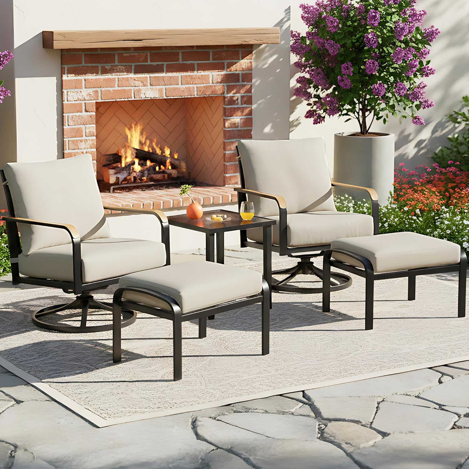 NATURAL EXPRESSIONS Patio Furniture Set,Outdoor Patio Chairs with 2 Swivel Glider Rocking Chairs,5 Piece Outdoor Conversation Set with Ottomans,All Weather Sturdy Frame,6