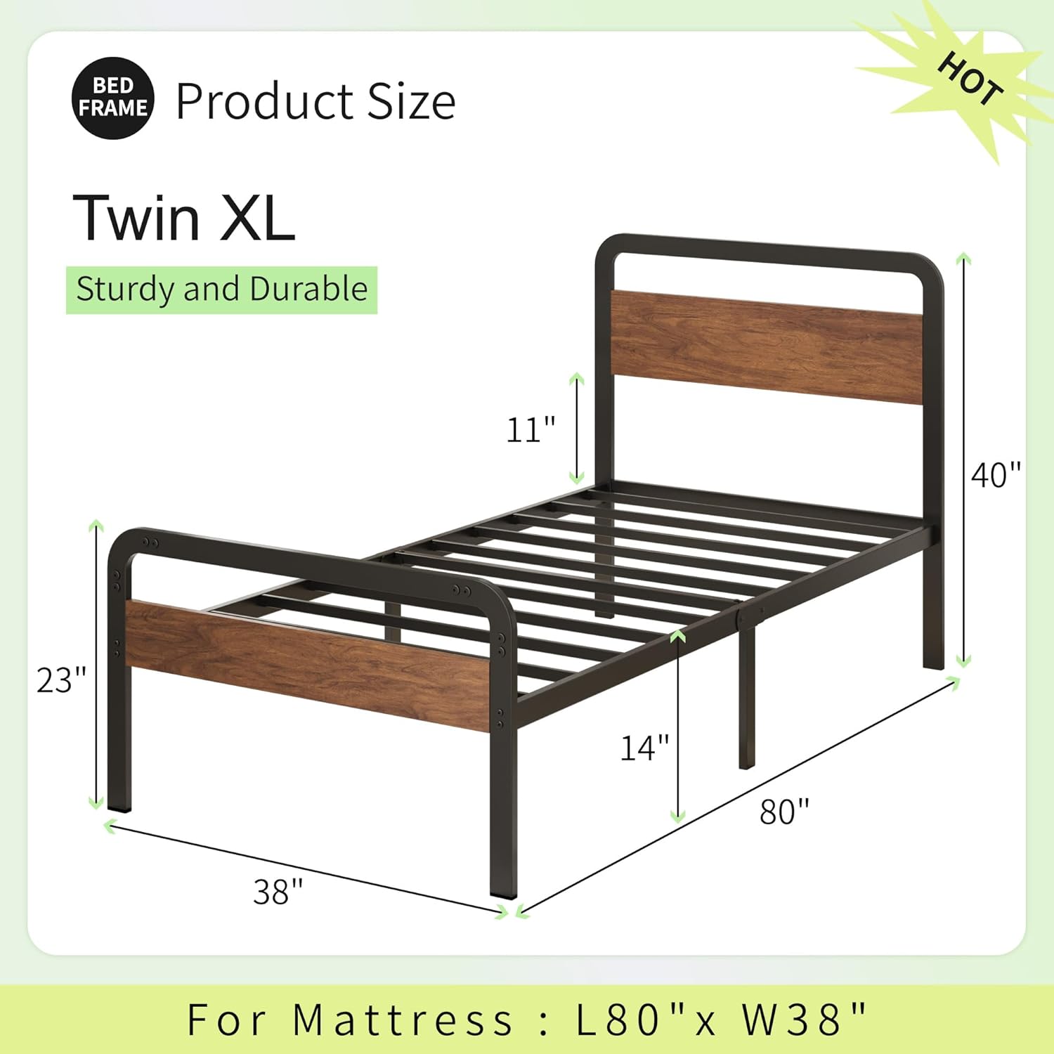Richwanone 14 Inch Twin XL Bed Frame with Wood Headboard and Footboard, Metal Platform Frame with Steel Slat Support, No Box Spring Needed, Easy Assembly, Black