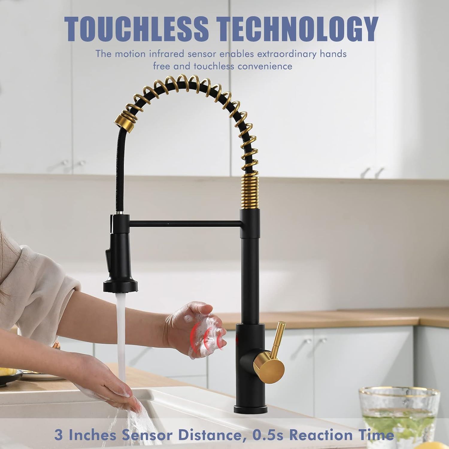 GIMILI Black and Gold Touchless Kitchen Faucet with Pull Down Sprayer, Motion Sensor Hands-Free Activated Faucet for Kitchen Sink