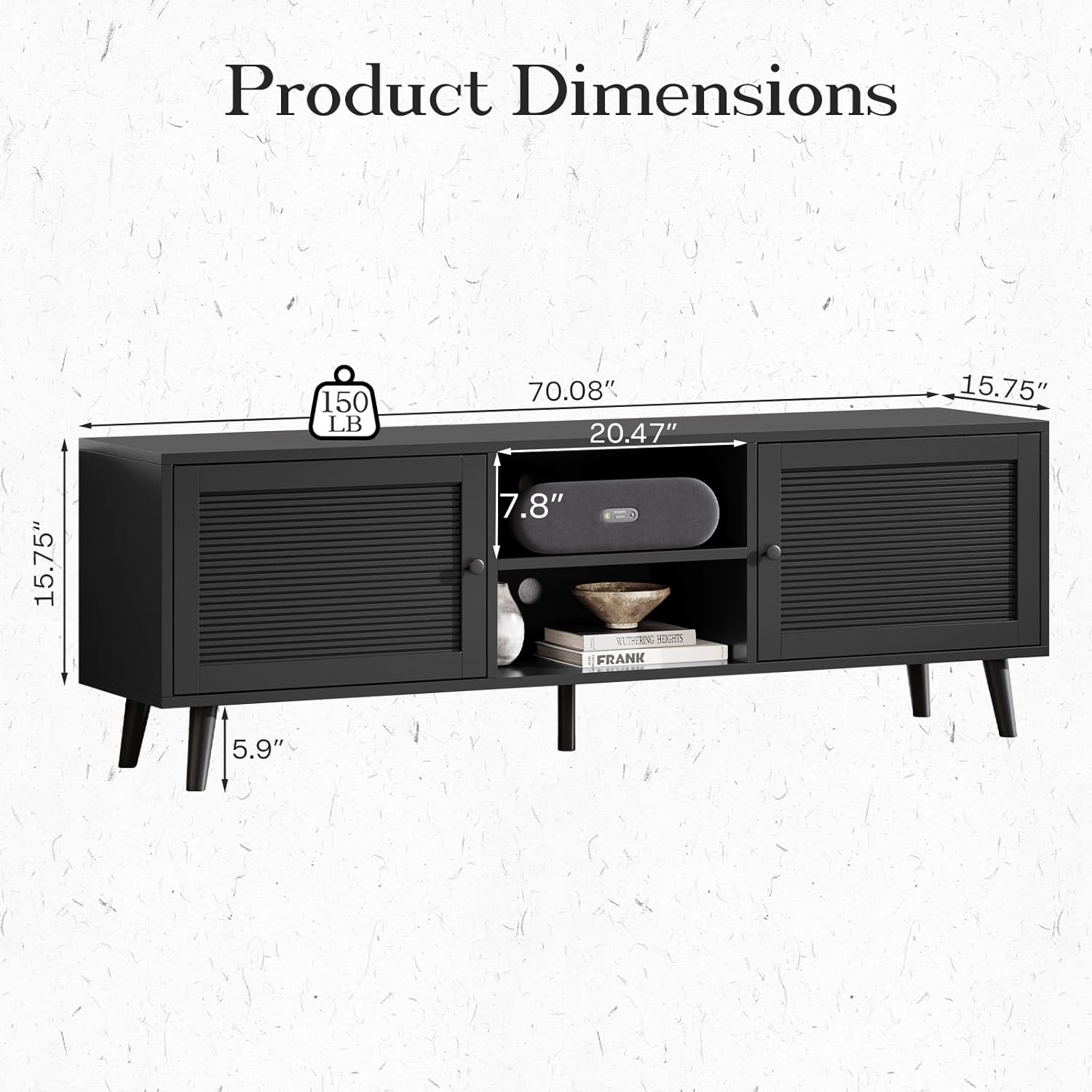 TV Stand for 70 inch TV, Black Fluted Entertainment Center for TV up to 80