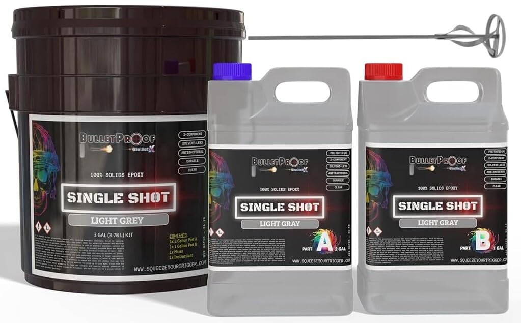 BP Resins: Single Shot |100% Solids Epoxy Resin Kit (3 Gallon) Solvent-Less, Two Component Gloss Coat Finish- Low VOC! Industrial Use, Garages, Floors, Wood, Acrylic & More! (LIGHT GRAY) + FREE MIXER!