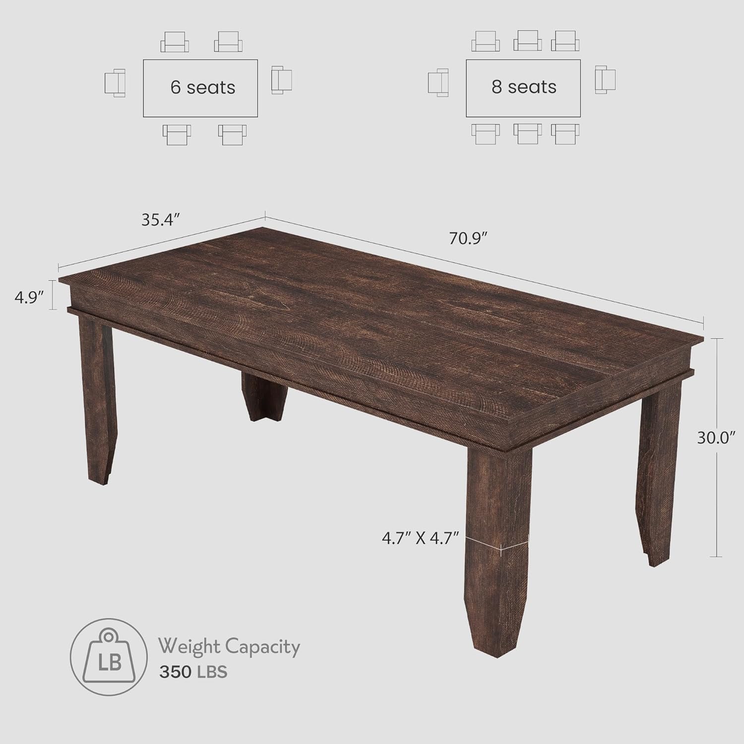 GarveeHome Farmhouse Dining Table for 6-8 People, 71 in Long Kitchen Tables with Wooden Sturdy Frame, 6 ft Large Rectangular Dinner Table for Dining Room, Kitchen, Dark Walnut, 71
