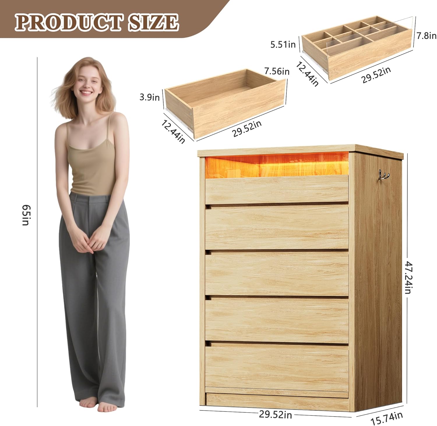 Jocoevol 5 Drawer Dresser for Bedroom with LED Light, Modern Chest of Drawers with Hidden Handles, Large Tall Wooden Dresser Closet for Living Room, Entryway, Hallway - Natural Oak