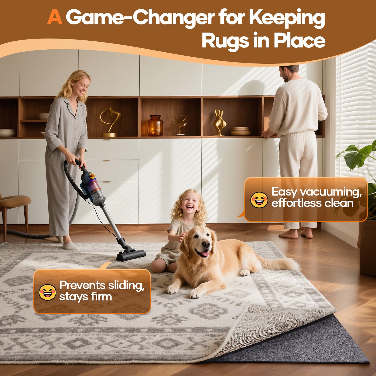 VEKEN Non-Slip Cushioned Rug Pad 9x12 ft for Hardwood Floors