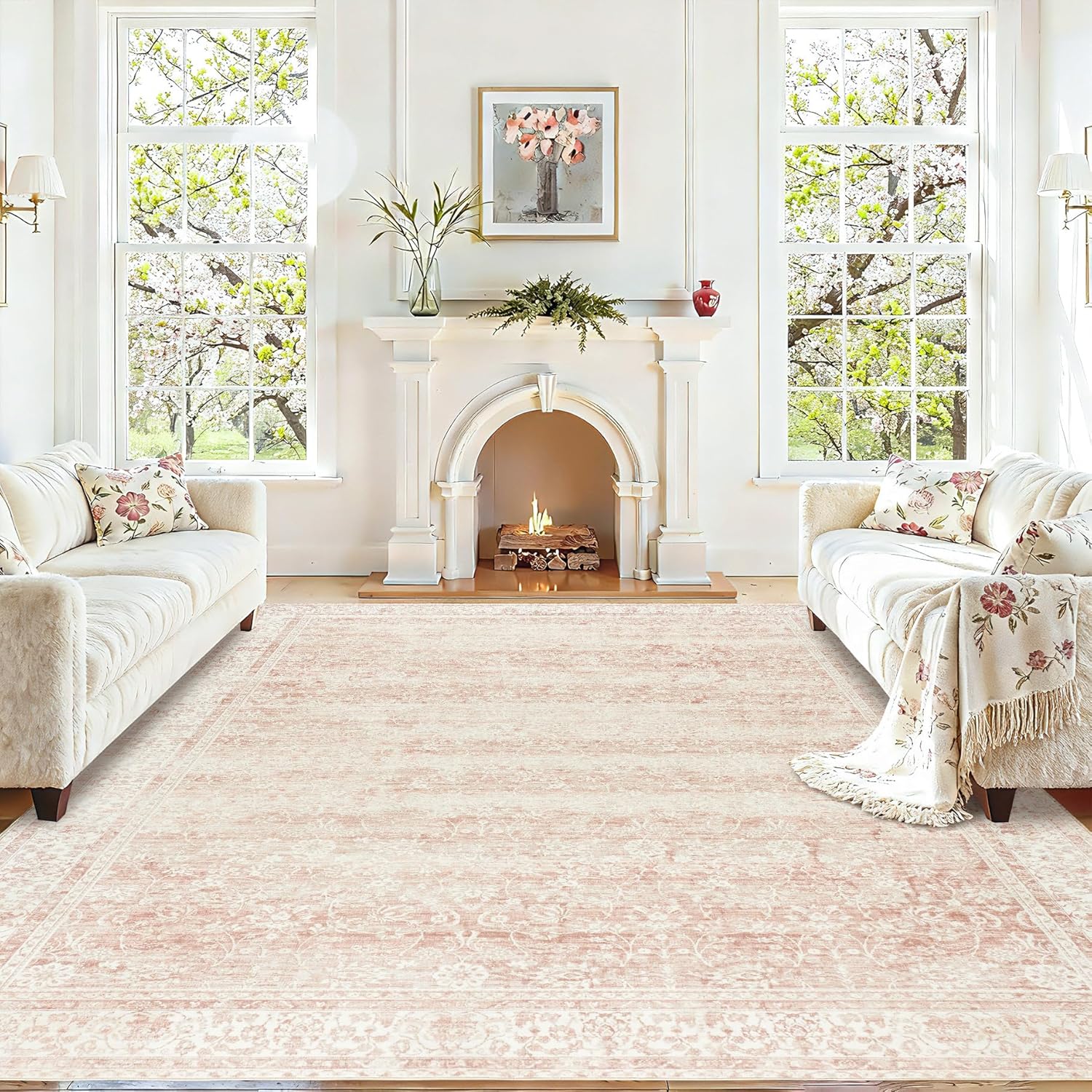Pink Area Rug for Living Room Low Pile Soft 8 x 10 Carpet with Non Slip Washable Neutral Boho Floral Rugs for Hardwood Floor Protector Extra Large Area Rugs 8x10 for Big Nursery Bedroom Livingroom