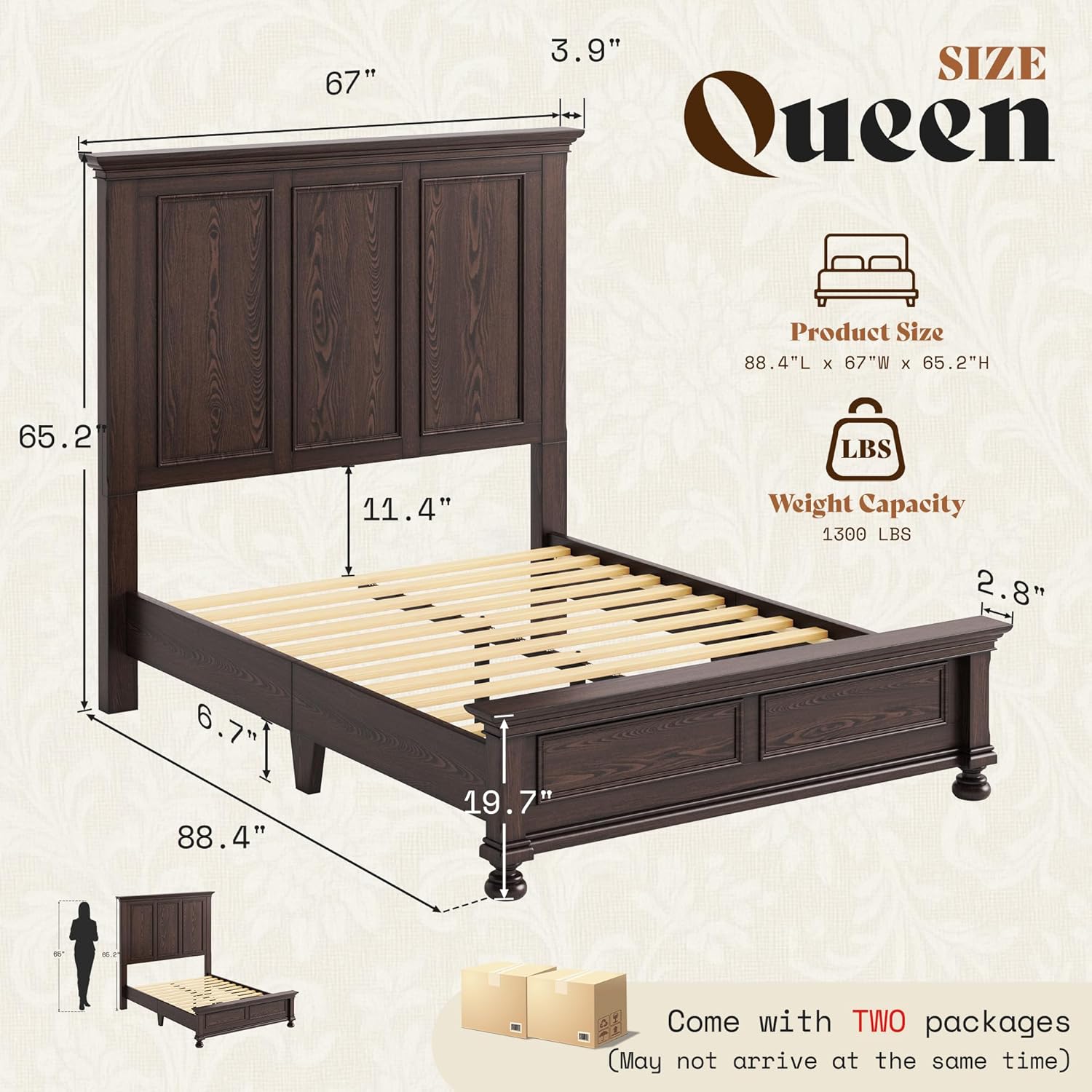 AMERLIFE Solid Wood Queen Bed Frame with 65.2