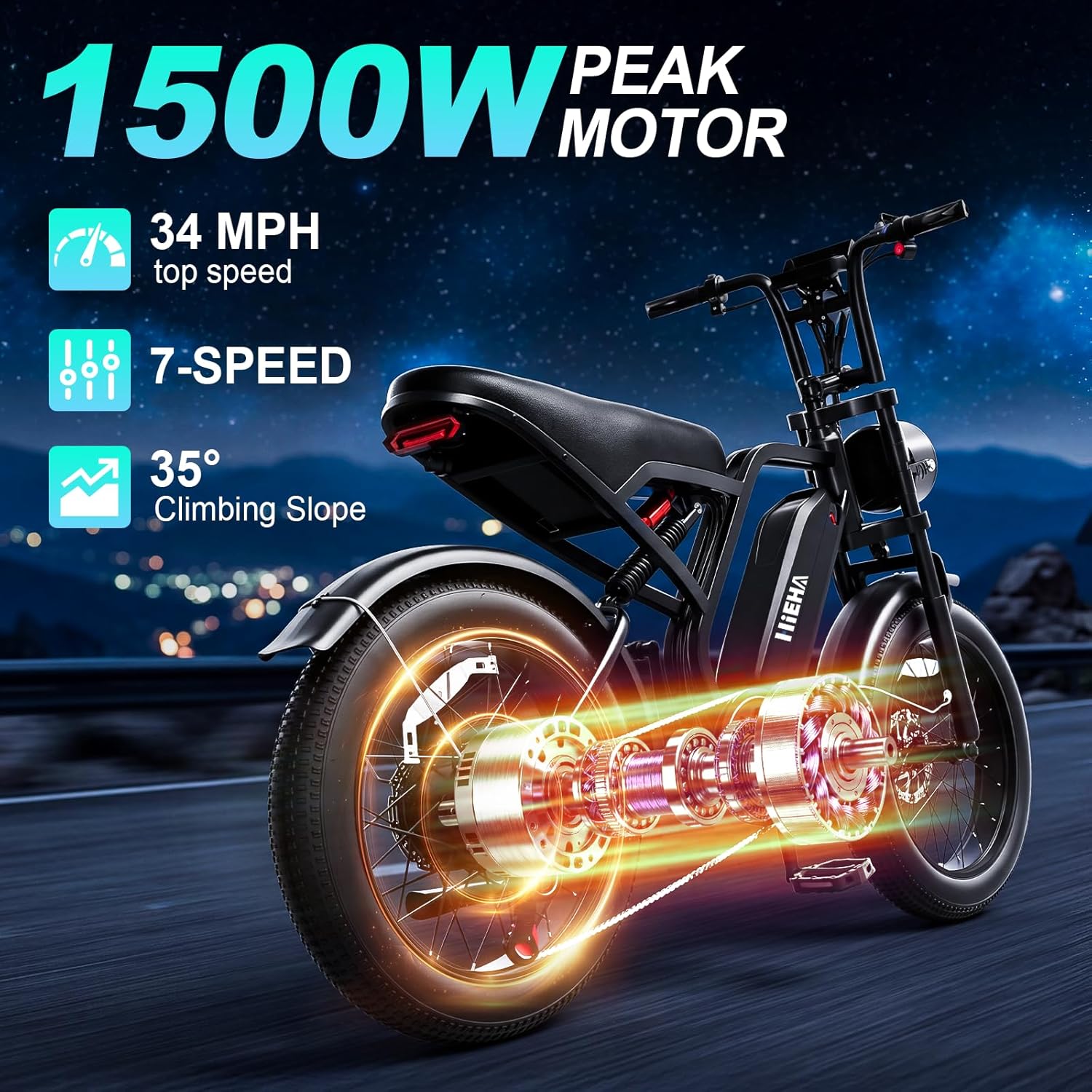 Electric Bike for Adults, 1500W Peak Motor Fat Tire Ebike 34 MPH 60 Miles Range with Apple CarPlay & Android Auto, 20