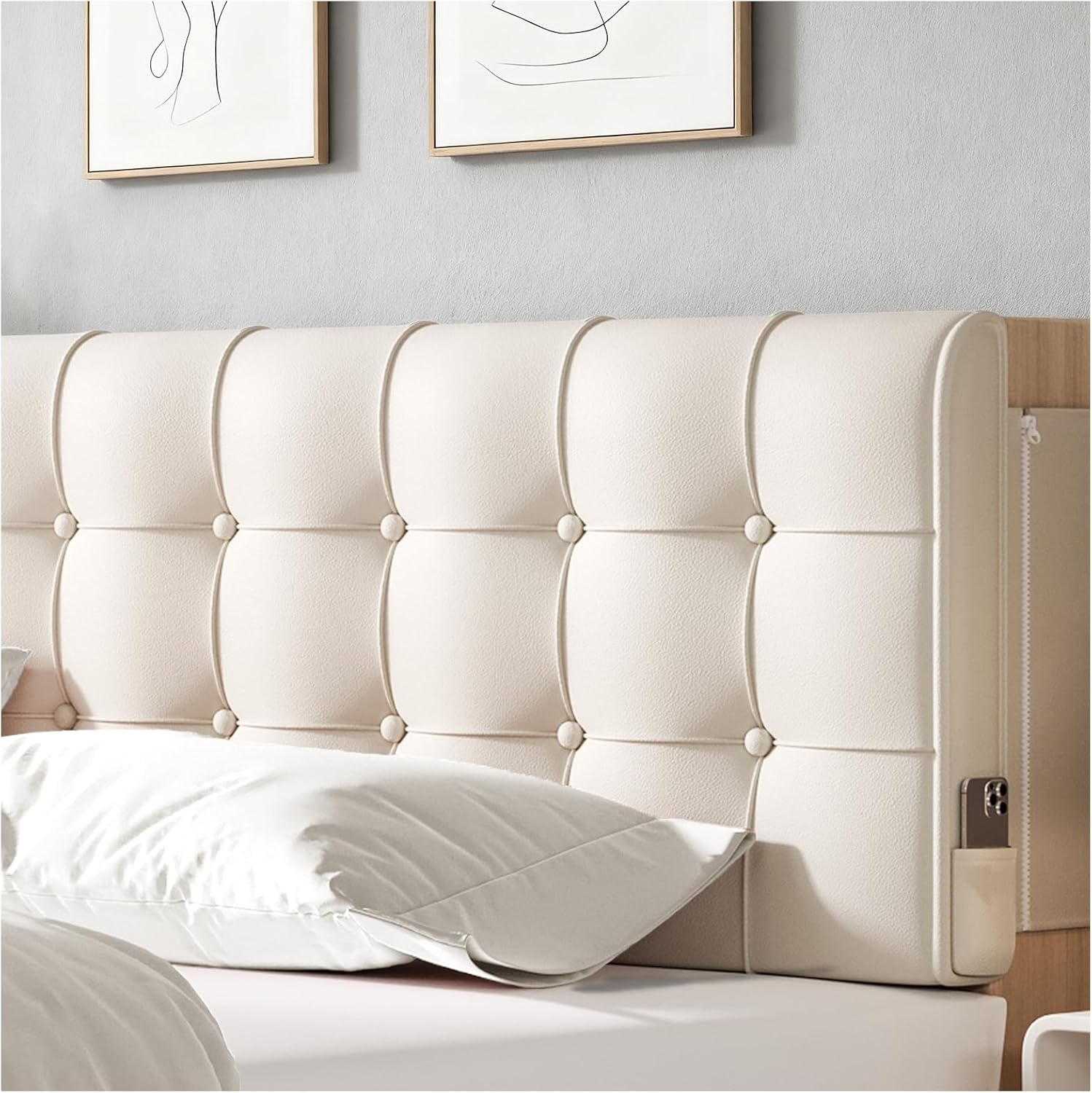 Upholstered Wall Mounted Headboard Queen Size with Removable Beige Cushion Peel and Stick Headboard Cover Soft Backrest for Dorm Bed Frame Bedroom Decor Washable Adhesive Head Board (Queen,Beige)