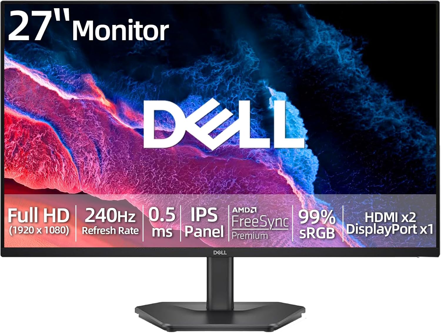 Dell 27“ Gaming Monitor, FHD 1080p Fast IPS Display, 240Hz Refresh Rate, 0.5ms Response Time, AMD FreeSync Premium, 99% sRGB Color, HDMI 2.1 & DisplayPort 1.4, Tilt Adjustable - Black