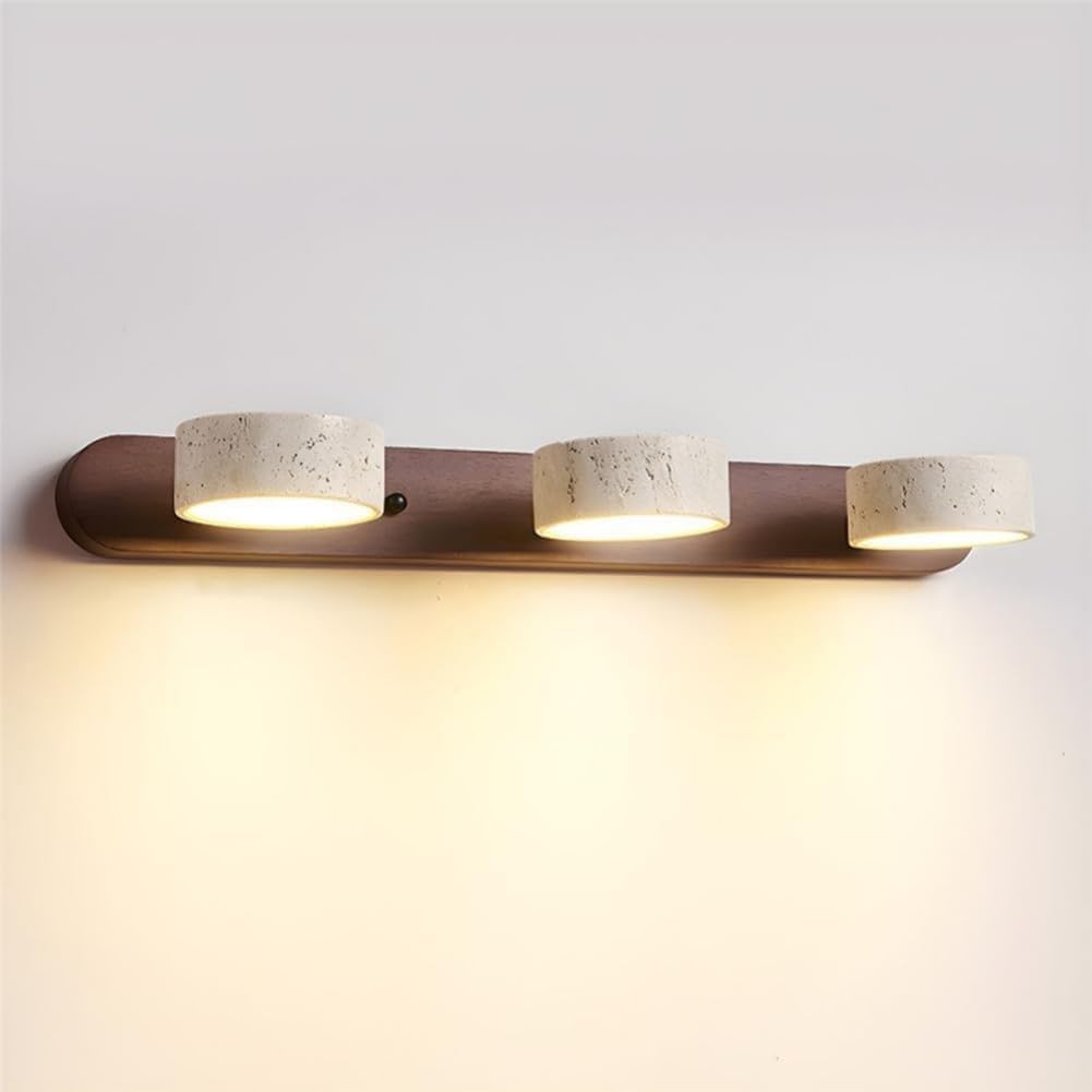 Dark Wood Farmhouse Bathroom Vanity Light Modern Stone Cylinder Wall Lamp 3 Lights Travertine Shade Linear Bathroom Wall Sconce Rotatable LED Wall Light Over Mirror - Walnut Color