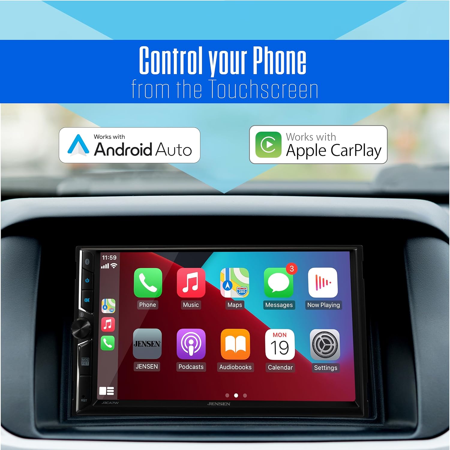 JENSEN J3CA7W 7-inch Certified Apple CarPlay Android Auto Wired or Wireless | Double DIN Touchscreen Car Stereo Radio | Bluetooth | Backup Camera Input | USB Playback & Charge