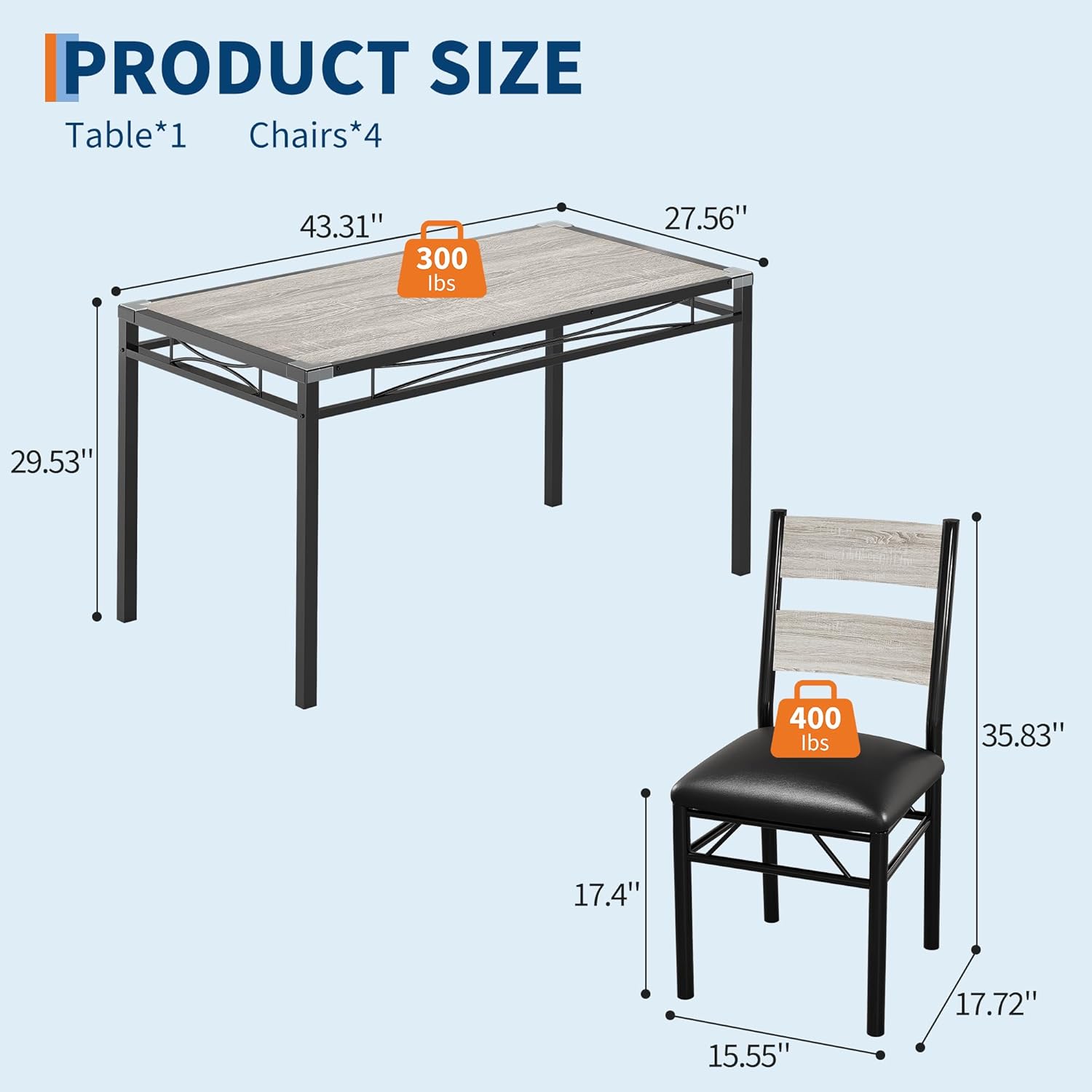 Garvee Wood Dining Table Set for 4 with Upholstered Chairs, Kitchen Table Chairs Set of 4 with Corner Protector, Dining Room Table Set for 4, for Kitchen, Apartment, Retro Gray