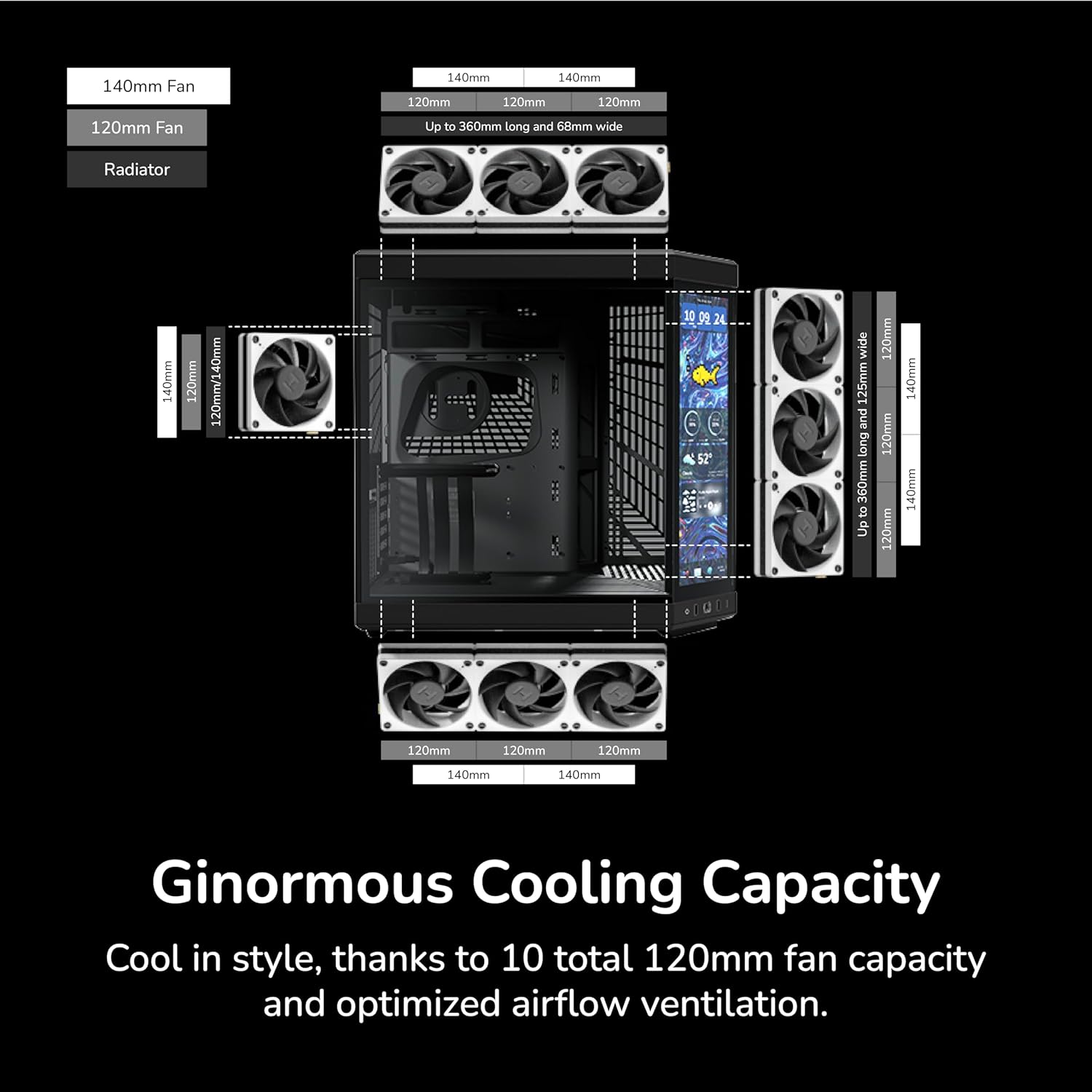 HYTE Y70 Touch Infinite Modern Aesthetic Gaming PC Case - Integrated 2.5K LCD Touchscreen Screen Display - Dual Chamber ATX Desktop Chassis - 10 Fan Capacity - Luxury PCIe 4.0 Riser Cable- Pitch Black