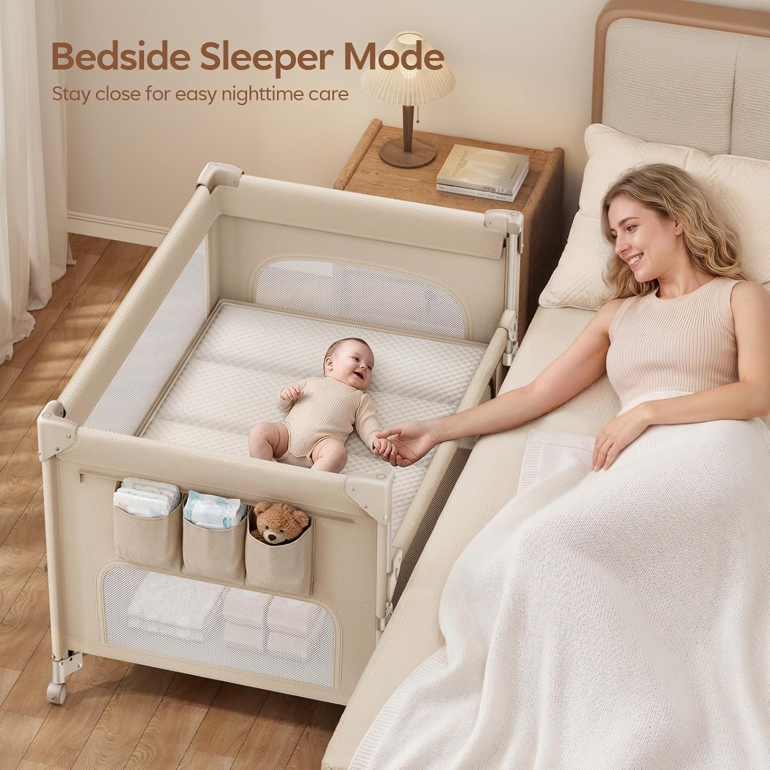 ANGELBLISS Baby Bassinet Bedside Crib, 5-in-1 One-Push Instant Fold Pack and Play with Changing Table, Napper Bassinet, Mattress & Mosquito Net, Portable Playard for Newborns to Toddlers (Khaki)