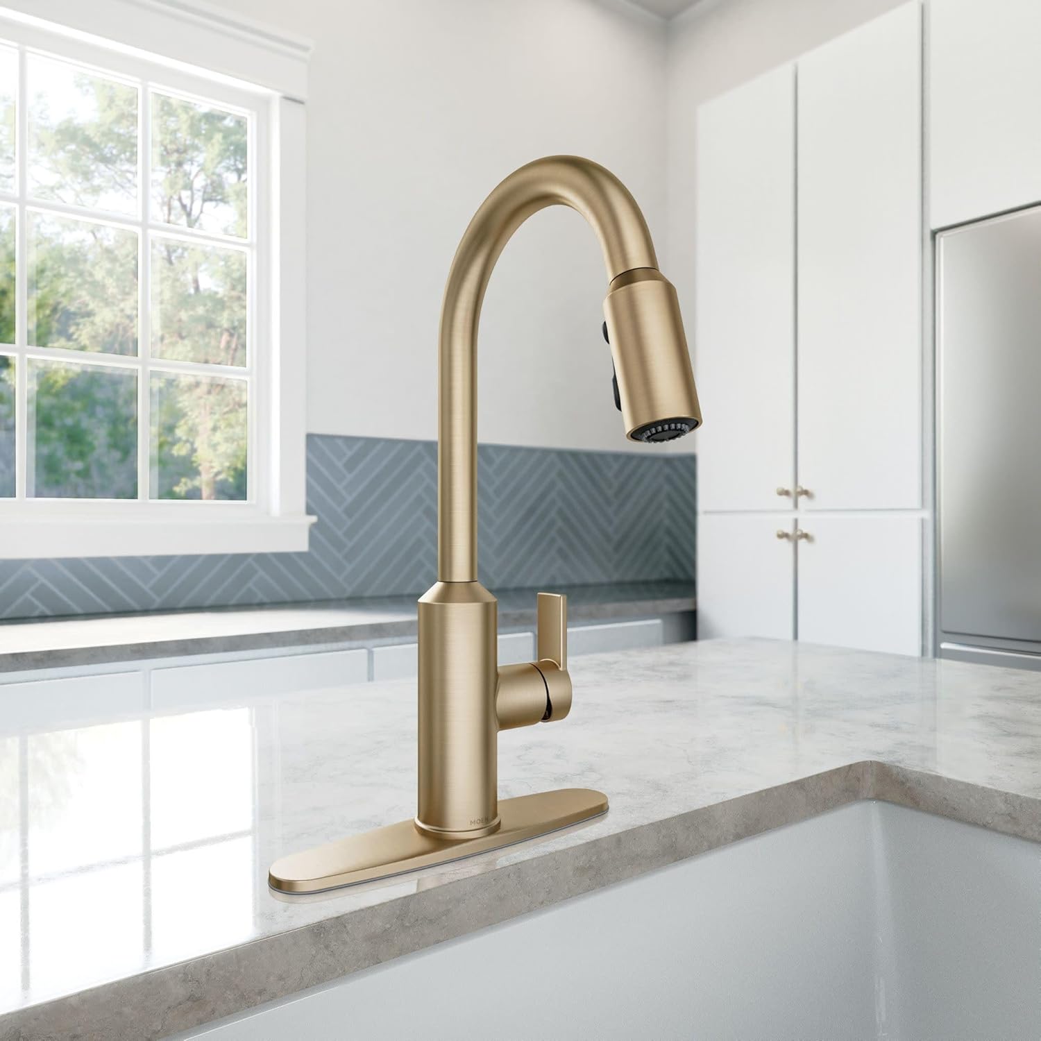 Moen Meena One Handle Kitchen Faucet with Pull Down Sprayer, High Arc Kitchen Sink Faucet Featuring Reflex System and Duralock Quick Connect, Bronzed Gold, 87270BZG