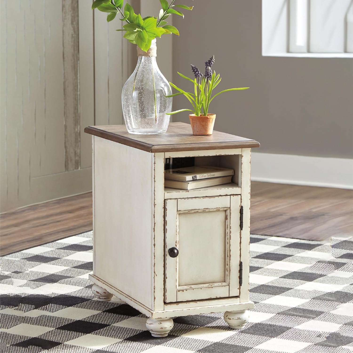 Signature Design by Ashley Realyn French Country Chair Side End Table, Cabinet Storage with Shelf, Outlets and USB Ports, Wood, 14