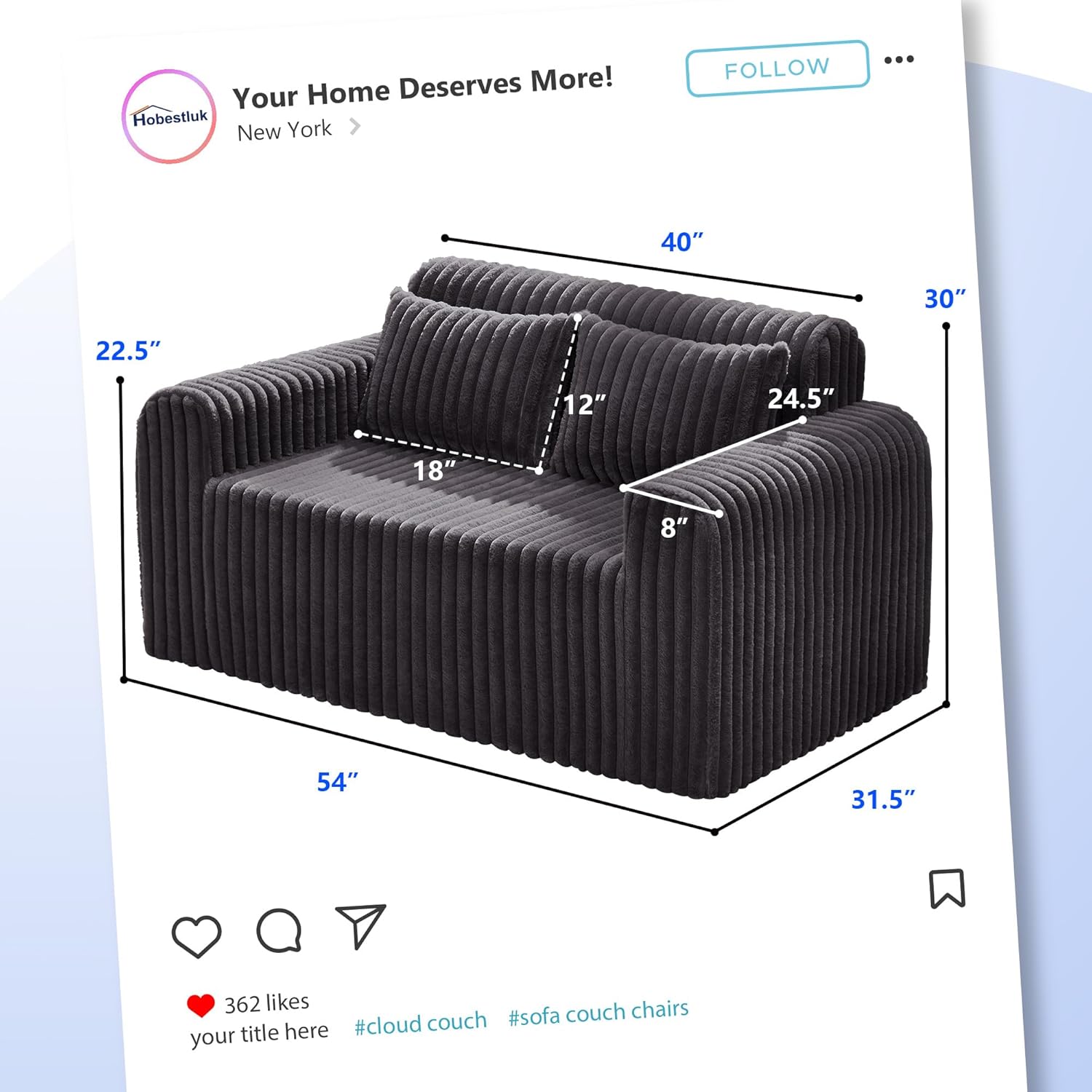 Hobestluk Couch Sofa 2-Seater Foam Sofa Loveseat for Small Spaces Comfy Sofas with Removable Cover Furry Couch with Pillows for Living Room, Bedroom, Apartment, Office (Dark Grey, Loveseat)