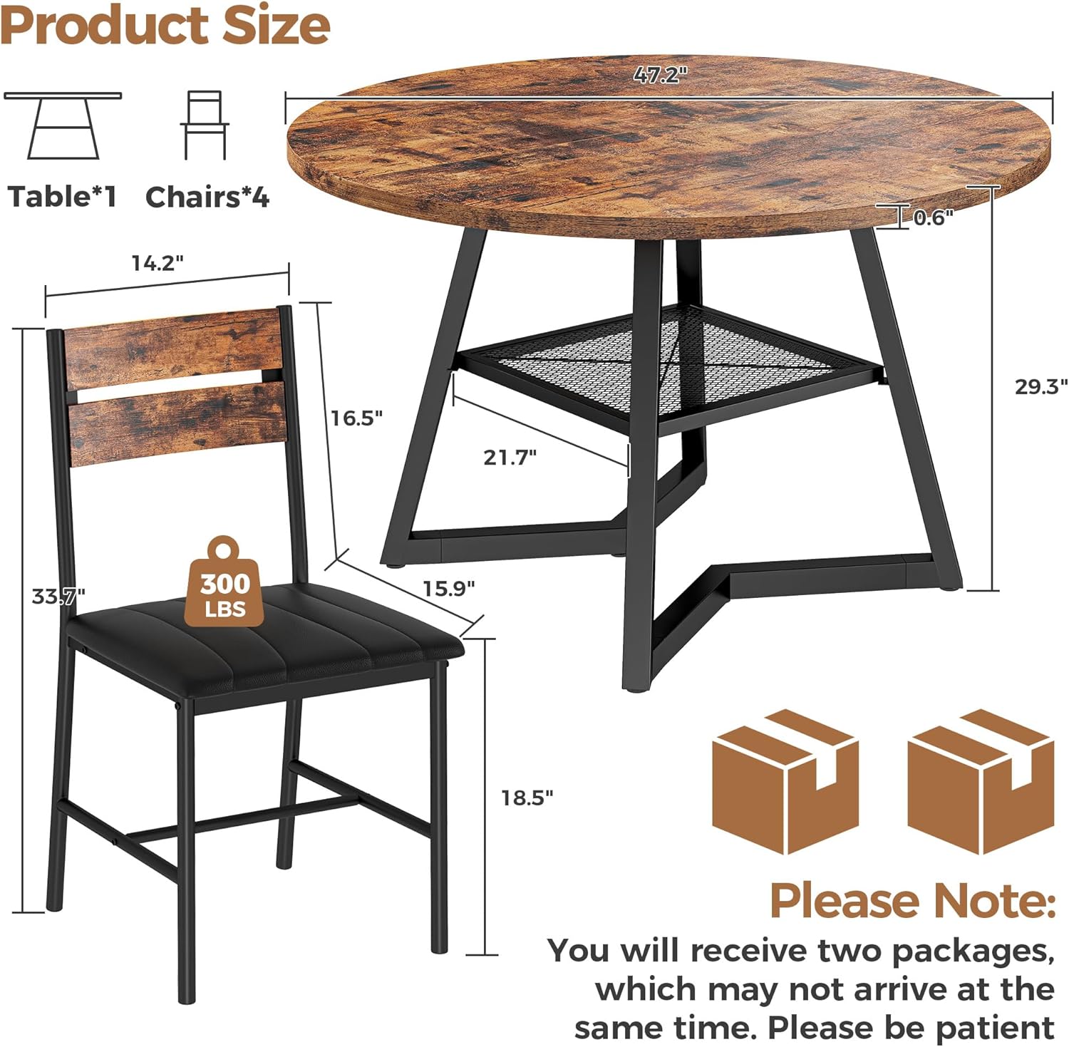 IRONCK Round Dining Table Set for 4, 47.2'' Kitchen Table with 4 PU Leather Upholstered Chairs, Dining Room Table Set with Large Storage Shelf, 5 Piece Kitchen Table and Chairs, Rustic Brown