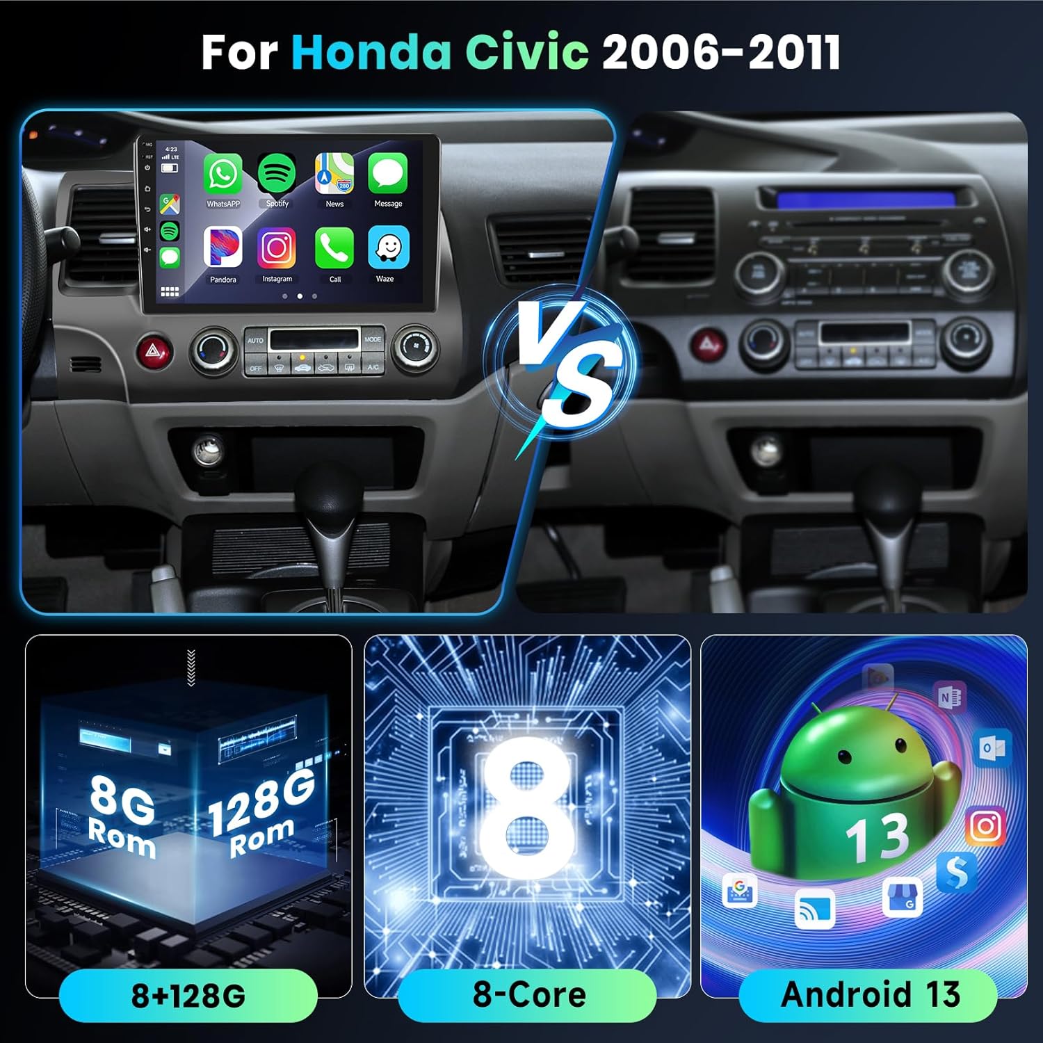 Podofo 8 Core 8+128G Android Car Radio Stereo for Honda Civic 2006-2011 with Wireless Carplay Android Auto, 10.1