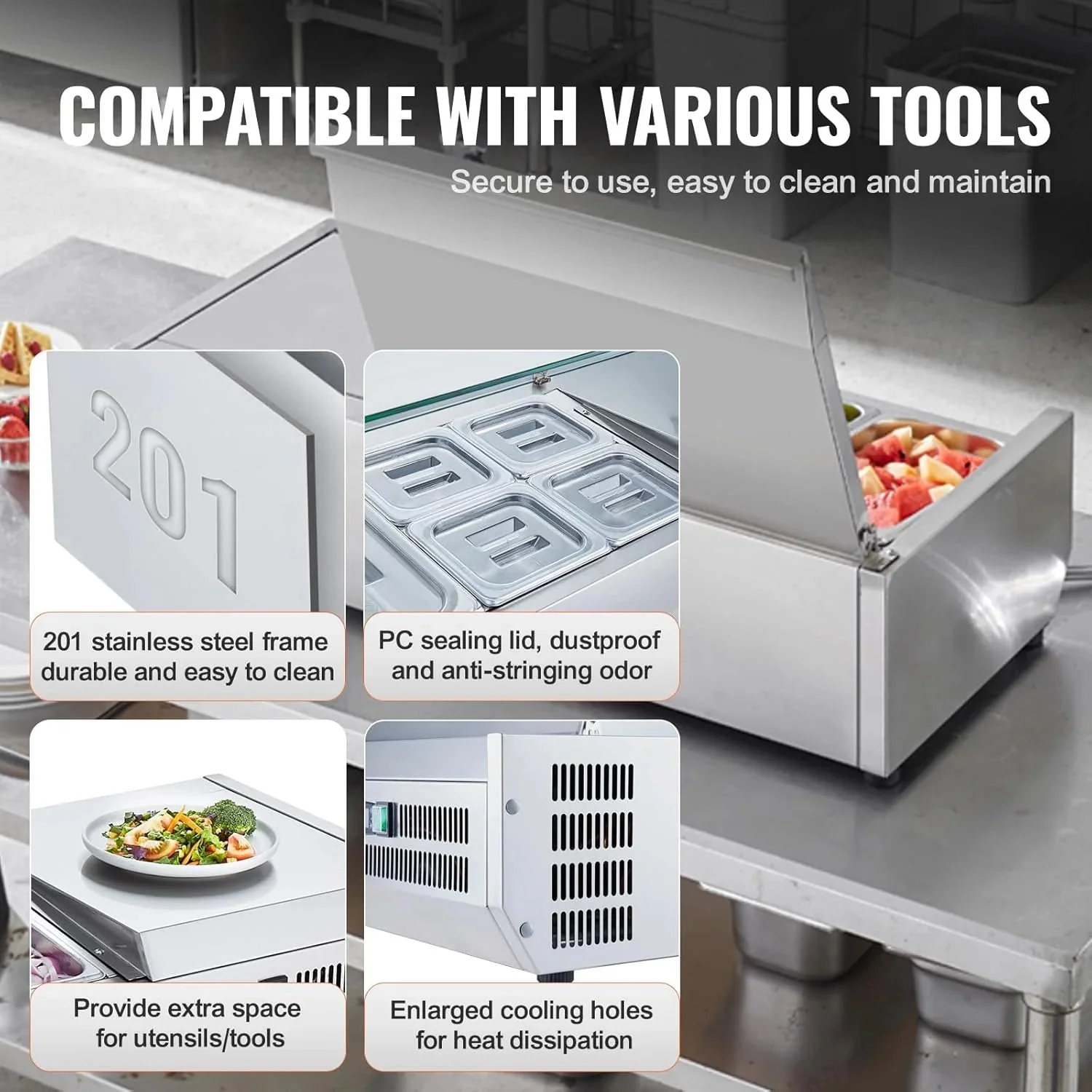 Refrigerated Condiment Prep Station, 135 W Countertop Refrigerated Condiment Station, with 2 1/3 Pans & 4 1/6 Pans, 304 Stainless Body and PC Lid, Sandwich Prep Table with Stainless Guard, ETL