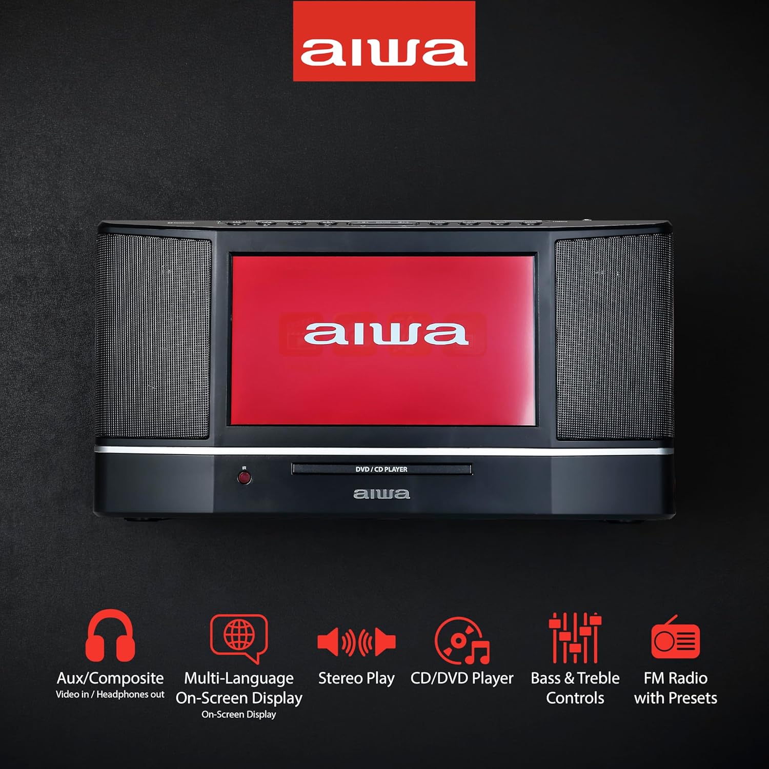 aiwa Cinema Mirror Cast Video Audio System, 10” TFT Screen, 15W Stereo, CD/DVD Player, Screen Mirroring, HDMI/USB/AV/AUX Inputs, FM Radio, Roku/Fire Stick/Google/Apple TV Compatible (Black)