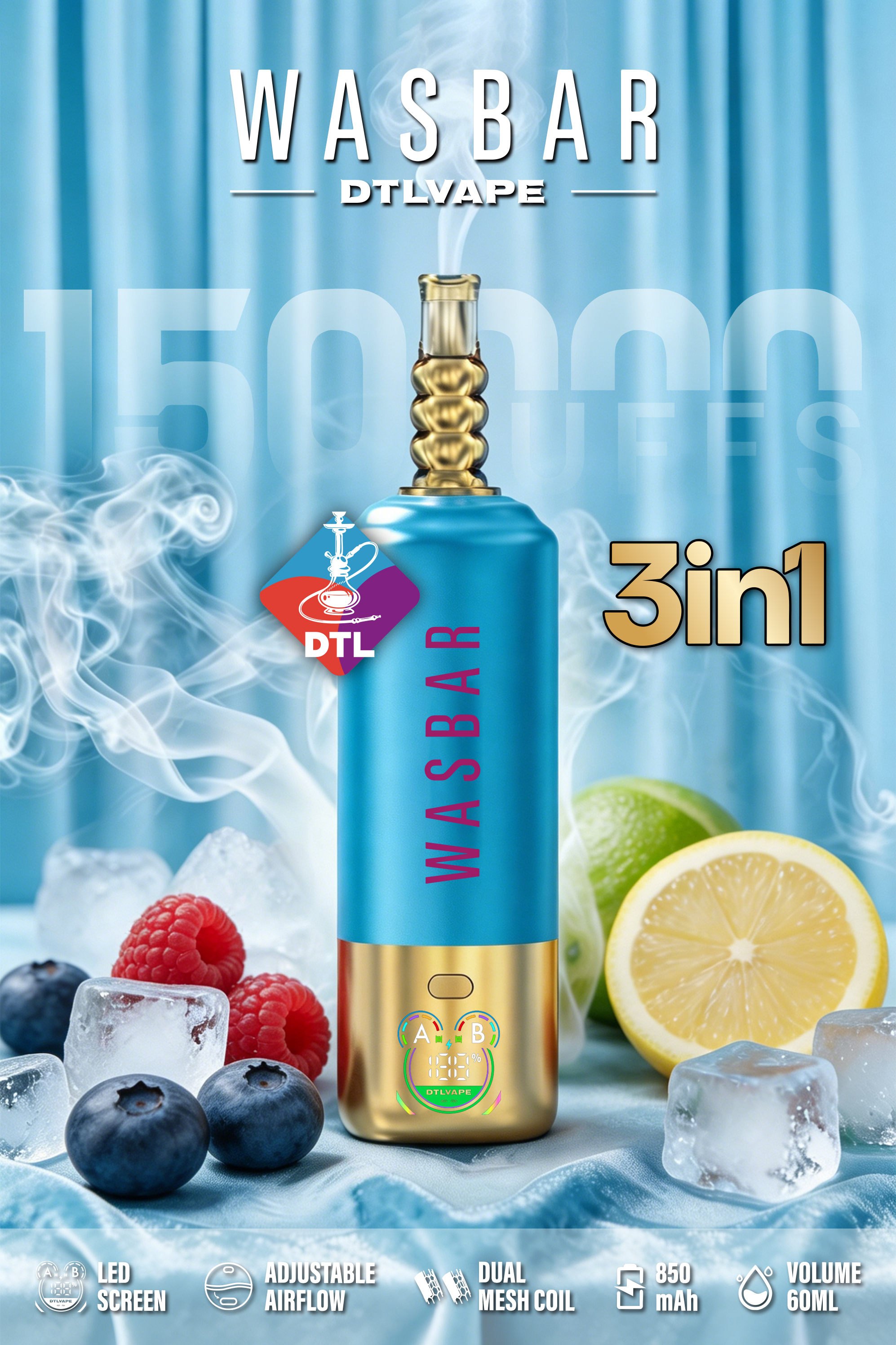 Wasbar 3 In 1 150000 Puffs 150K Disposable Vape DTL E-cigarettes