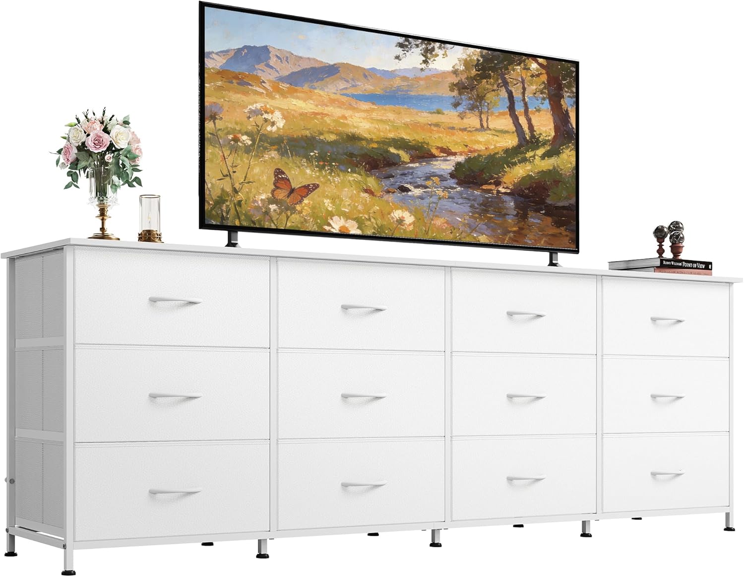 WLIVE 75.5'' White Dresser for Bedroom, TV Stand for 85, 80, 75, 65 Inch TV, 12 Drawer Long Fabric Dresser with Wood Top, Wide Entertainment Center Storage Chest for Living Room, Closet