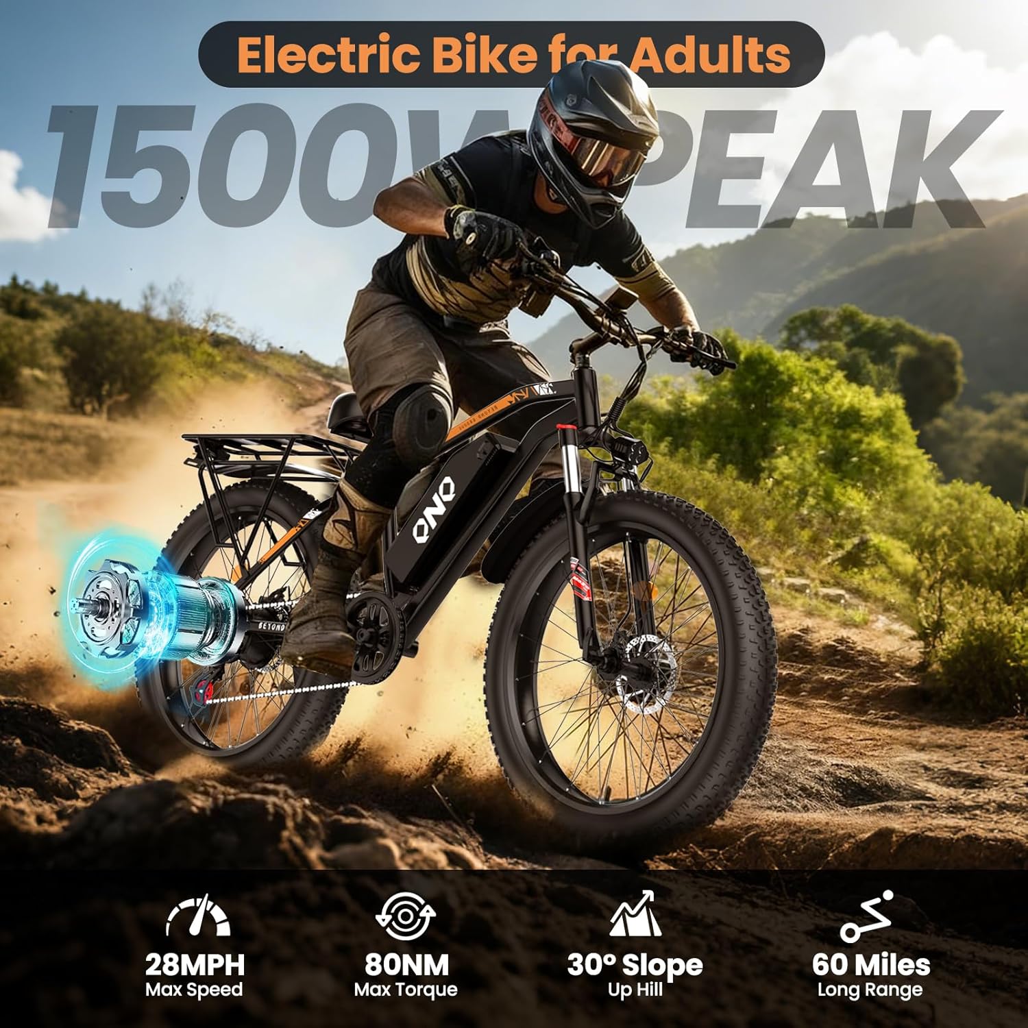 Adult Fat Tire Electric Bike 1500W Peak Motor - 48V 15Ah Fast Electric Mountain Bike, 28MPH & 60 Miles Long Range Ebike, 26