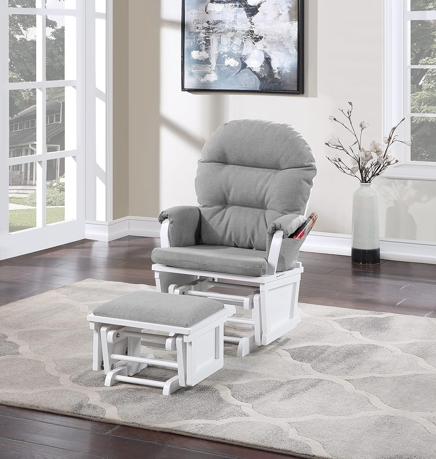 Modern Glider Chair & Ottoman: Solid Wood Frame with Polyester Upholstery - Soft Cushion & Storage Armrests for Kids Room - White/Grey Nursery Rocking Chair Set
