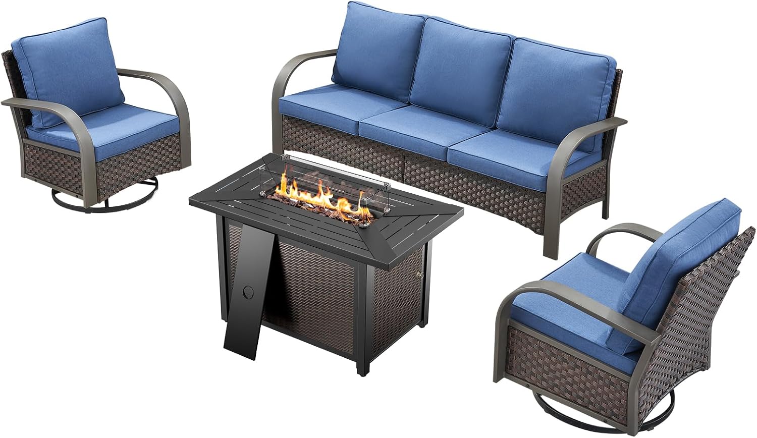 HUMMUH Patio Furniture Set with Fire Pit-Outdoor Swivel Glider Rocking Chair with Patio Sofa Outdoor Conversation Furniture for Deck Porch Garden Poolside Backyard-Brown/Blue