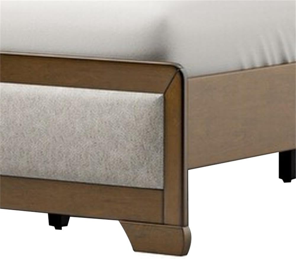 Pemberly Row Queen Bed with Channel Tufted Headboard, Light Gray Upholstered Fabric, Solid Wood Frame in Warm Brown, Sturdy Bracketed Legs, Includes Headboard, Footboard, Side Rails, Transitional