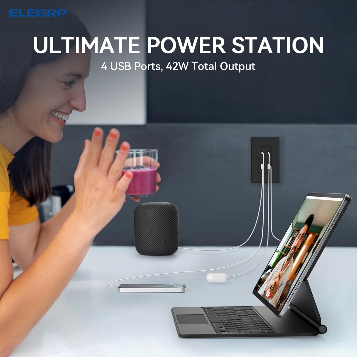 ELEGRP 42W Fast Charge & Power Delivery 4-Port USB Wall Outlet, UL/CUL Listed, Wall Plate Included, 10 Pack, Matte Black