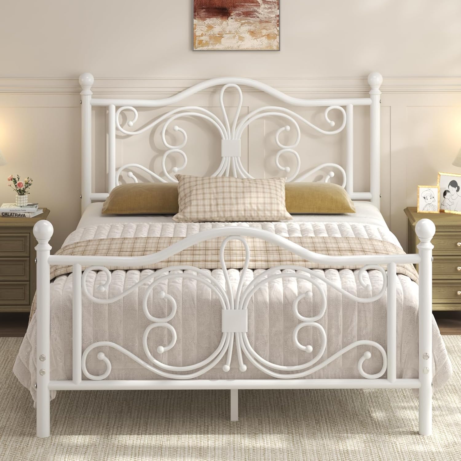 LoVinson Queen Bed Frame, Metal Platform Bed with Butterfly Pattern Design Headboard & Footboard, Heavy Duty Metal Slats, Easy Assembly, No Box Spring Needed, White