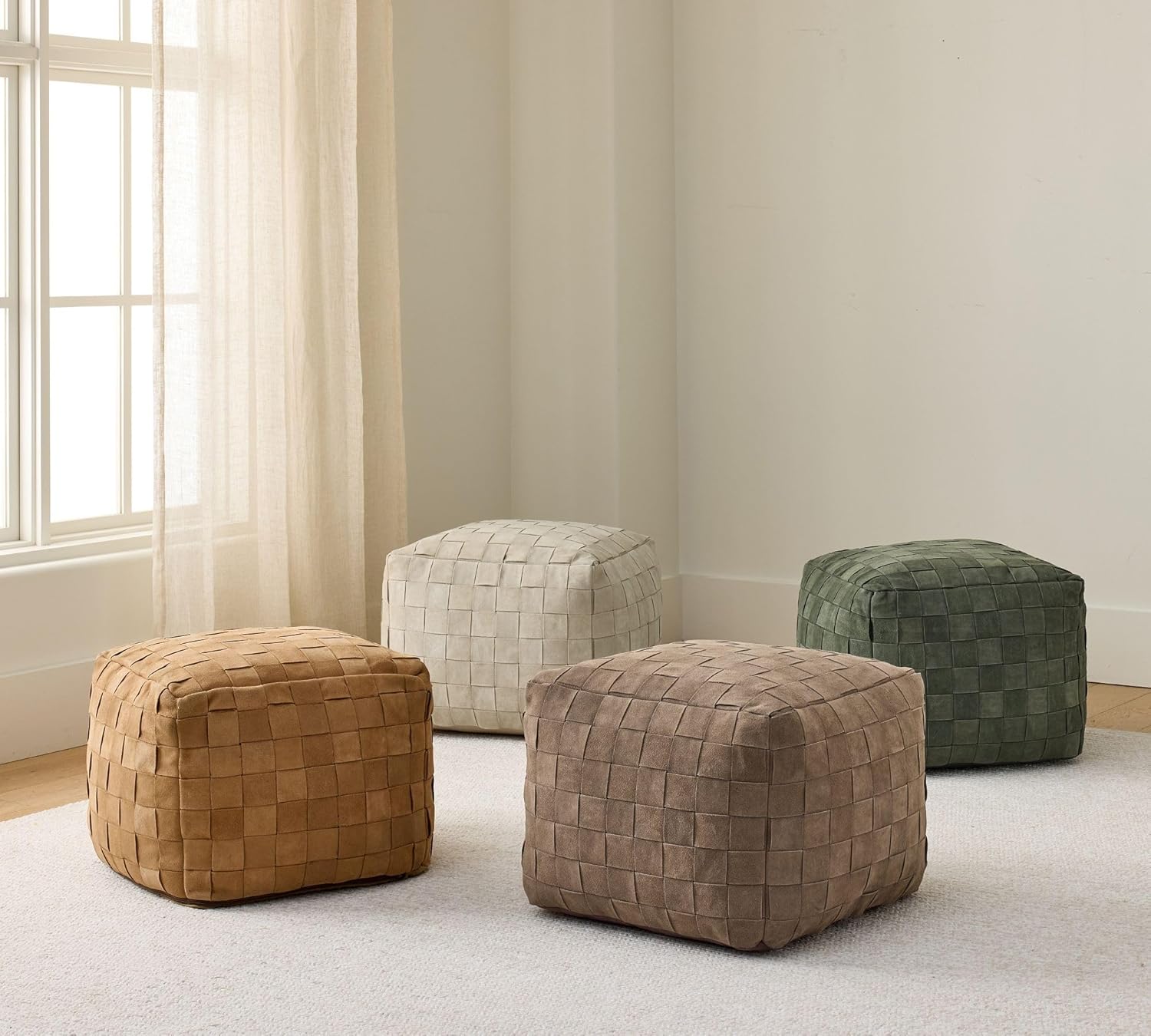 Luxury Handcrafted Suede Basketweave Pouf Ottoman – Soft & Durable Floor Cushion, Footrest, and Accent Seating for Living Room, Bedroom, & Office – Stylish Modern Home Décor (Stone, 18