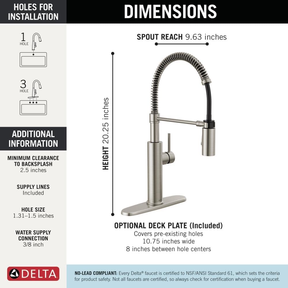 Delta Antoni Pro Style Commercial Kitchen Faucet with Pull Down Sprayer, Brushed Nickel Single Hole Kitchen Sink Faucet, Single Handle, Spotshield Stainless 18803-SP-DST