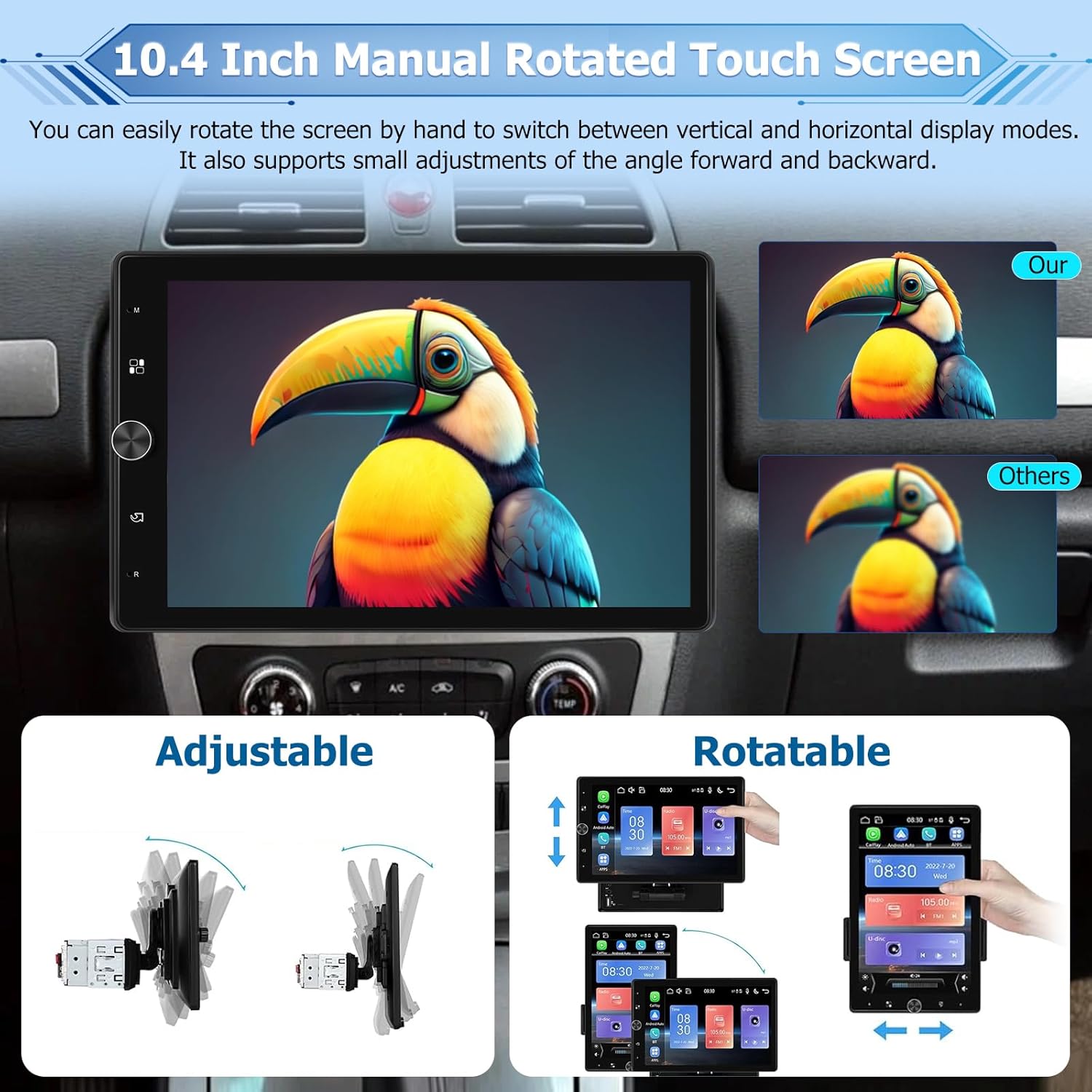 NHOPEEW Rotatable Single Din Car Stereo with Wireless Carplay and Android Auto - 10.4 Inch Vertical Touch Screen Car Radio - Bluetooth/Mirror Link/SWC/FM + 12leds Backup Camera & Microphone