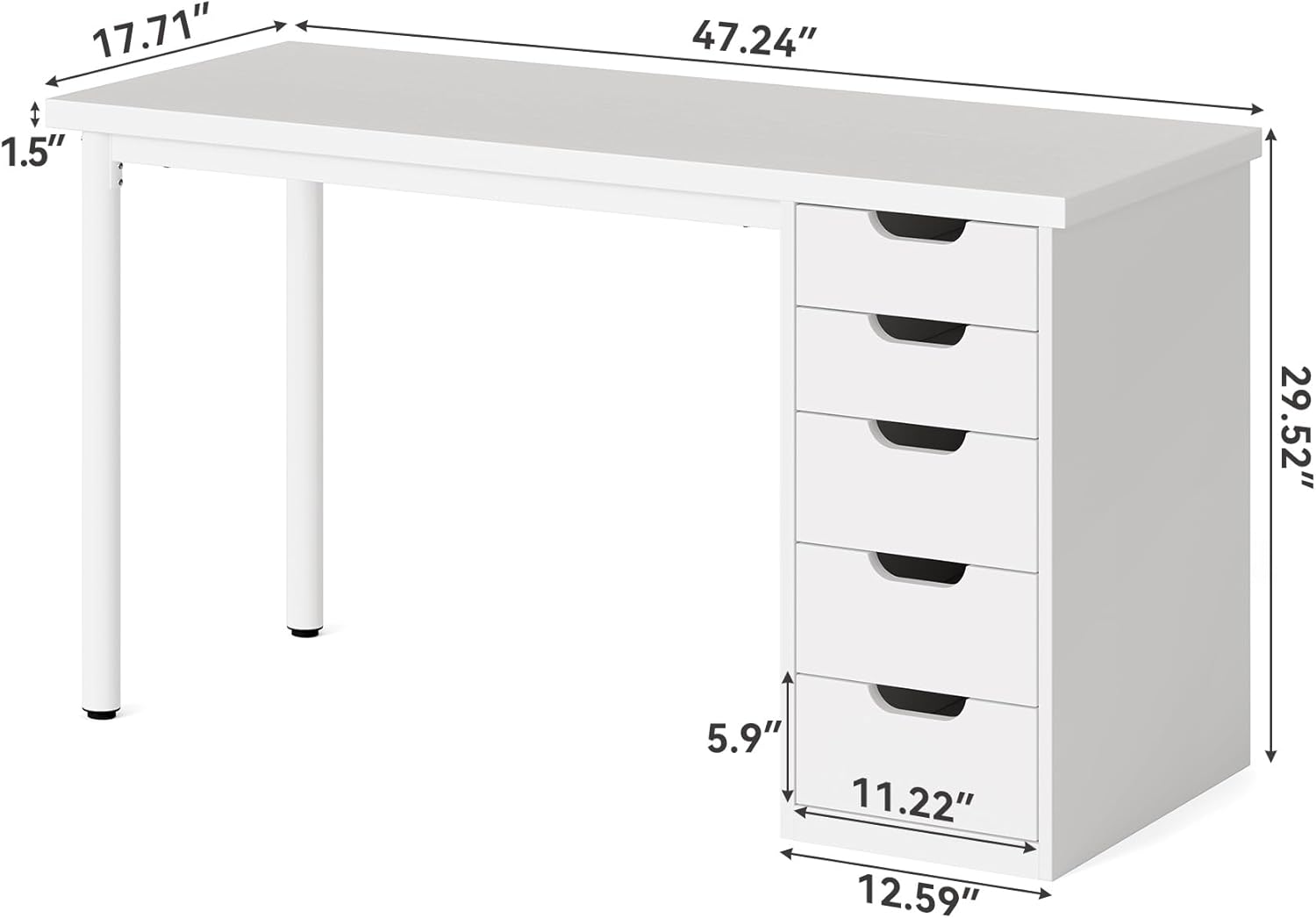LITTLE TREE Computer Desk with 5 Drawers, 47 Inch White Modern Simple Study Writing Desk with Metal Frame, Work Desk for Home Office