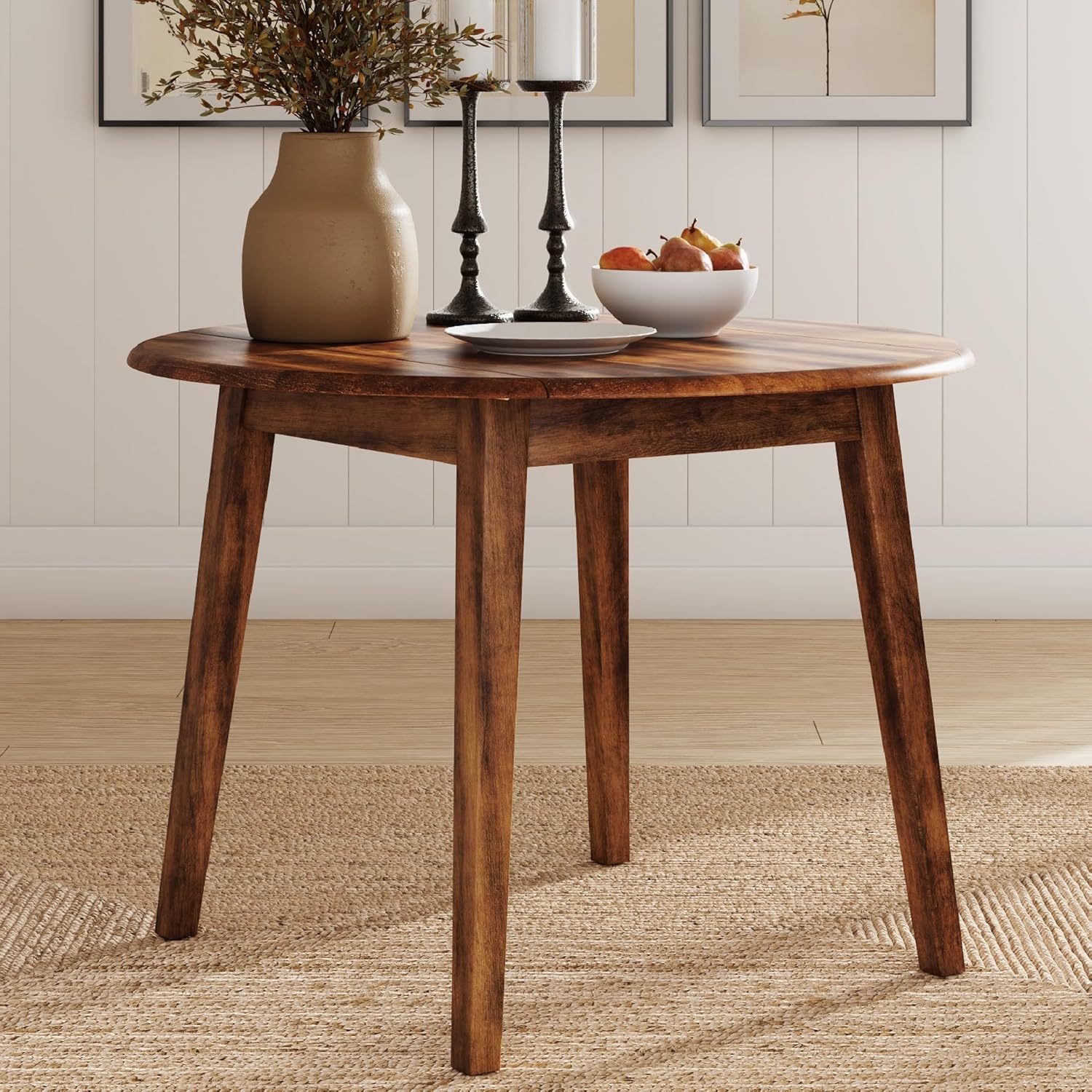 Signature Design by Ashley Berringer Dining Room Round Drop Leaf Table, Rustic Design, Seats 4, Hinged Extension Leaves, Small Space Solution, 42