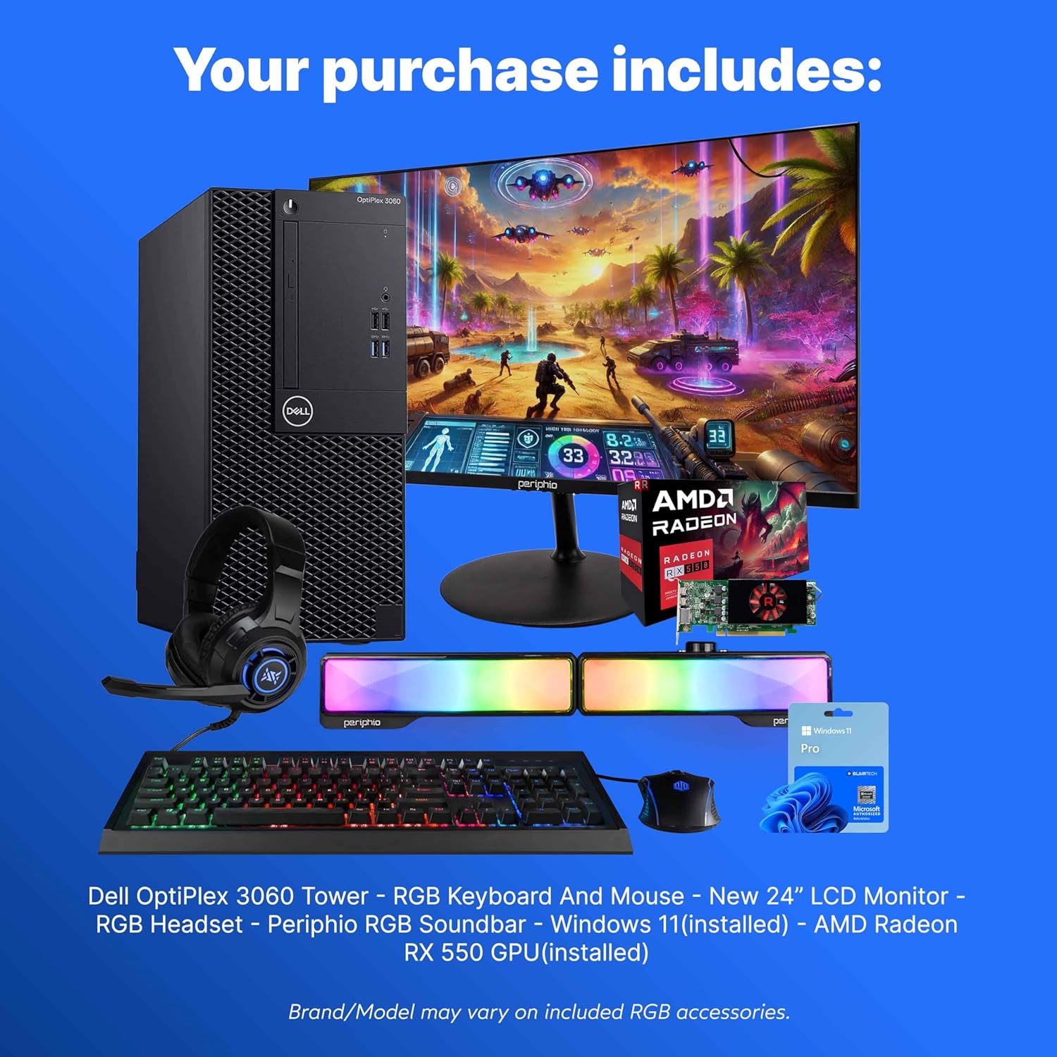 Dell OptiPlex 3060 PC | Intel Core i5 | 32GB RAM | 250GB NVMe M2 + 1TB SSD | Nvidia RX 550 4GB | Windows 11 Pro | AX200 WiFi 6 + BT | Keyboard & Mouse | Speakers & Headset | New 24” LCD (Renewed)