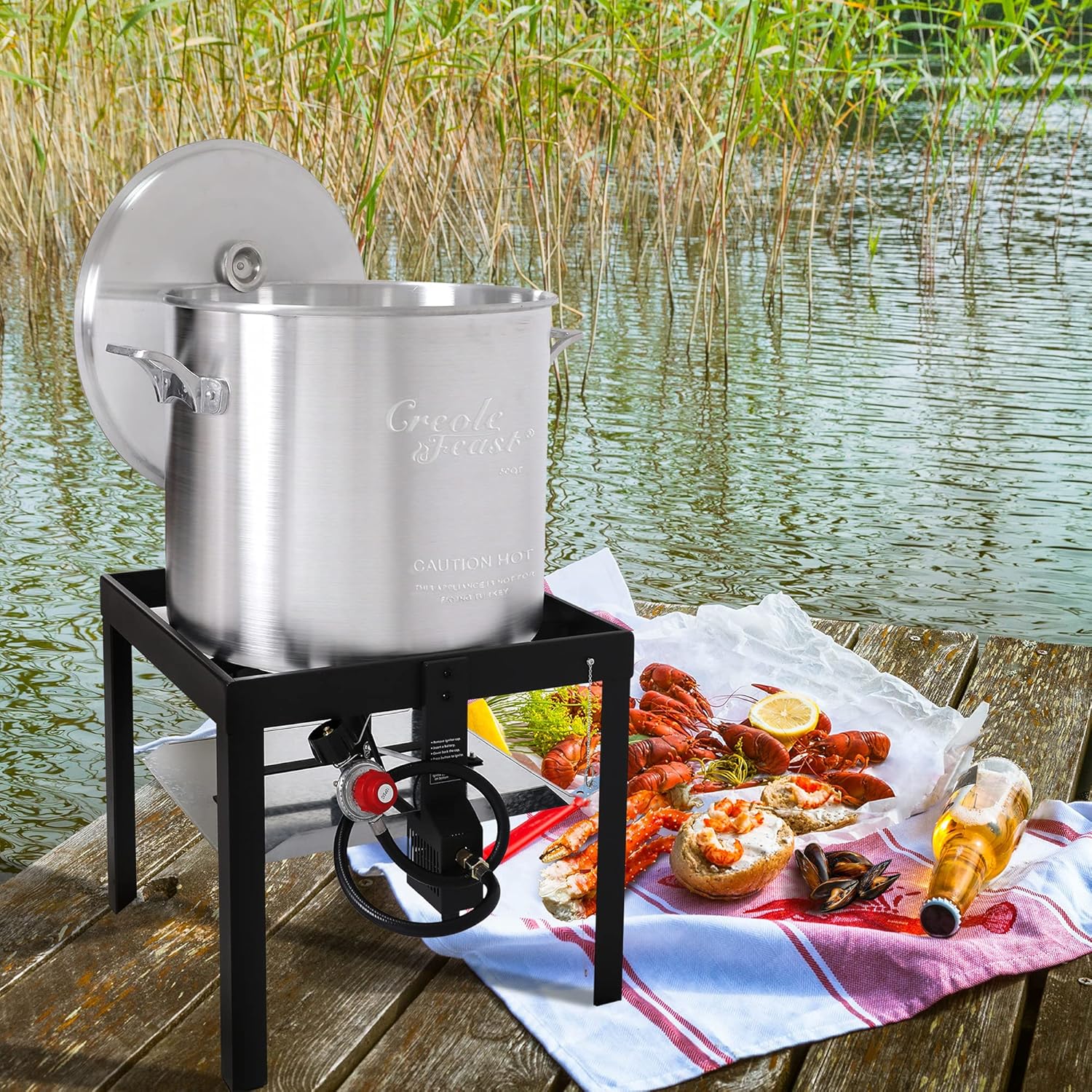 Creole Feast SBK0601 60 Qt. Seafood Boil Pot with Basket and Burner, Outdoor Aluminum Propane Boiler with 10 PSI Regulator, 100,000 BTU, Ideal for Cooking Crawfish, Crab, Shrimp, Fish
