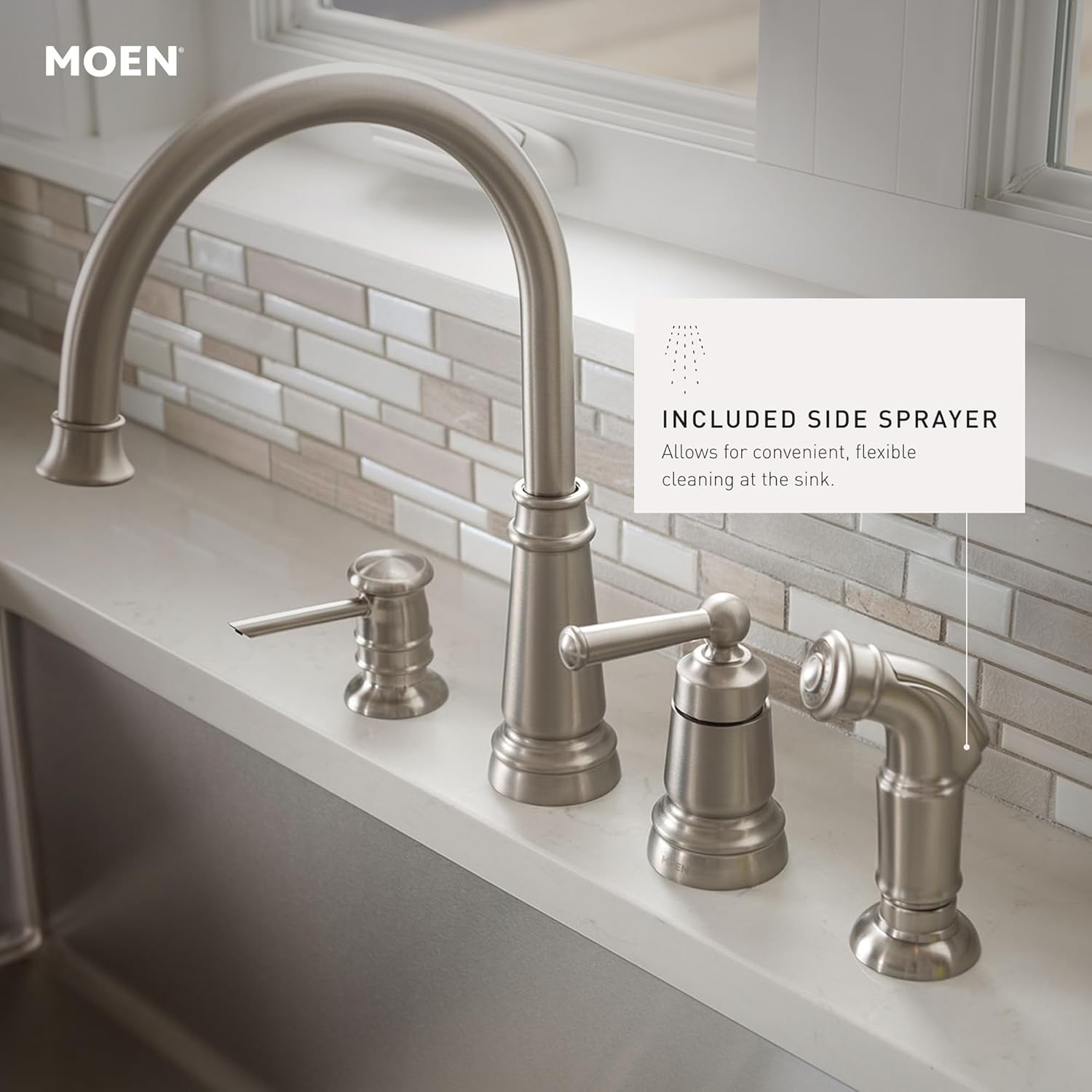Moen Edison Spot Resist Stainless One-Handle High Arc 4-hole Kitchen Faucet with Side Sprayer and Soap Dispenser, 87042SRS