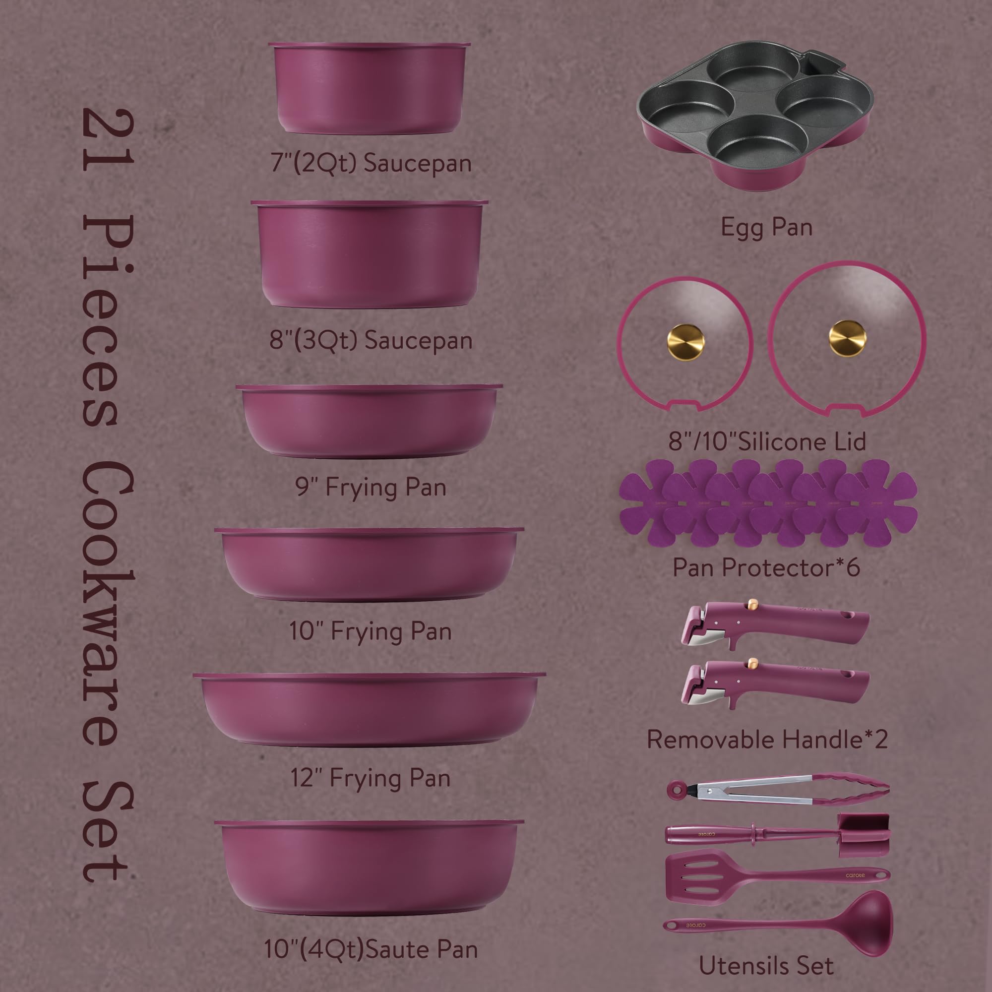 CAROTE 21pcs Nonstick Cookware Set with Removable Handle