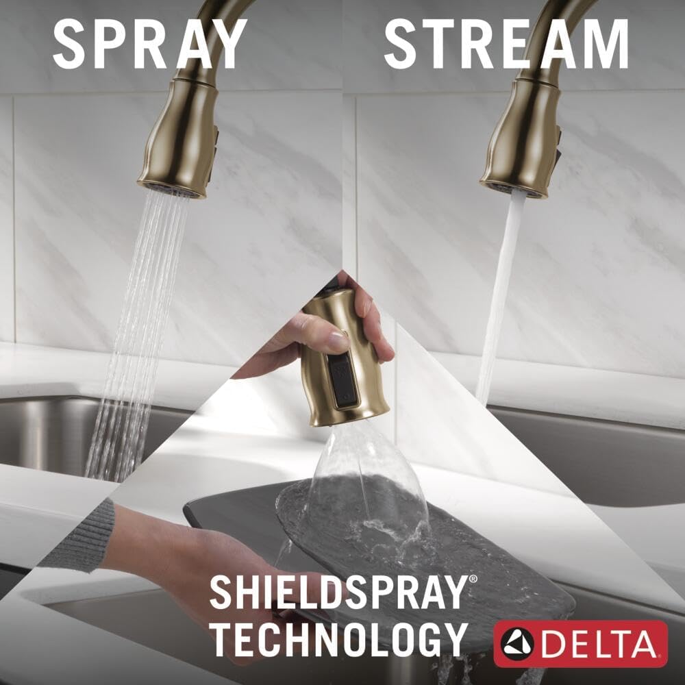 Delta Leland Brushed Gold Kitchen Faucet with Pull Down Sprayer, Traditional Single Hole Kitchen Sink Faucet, Single Handle, Champagne Bronze 9178-CZ-DST